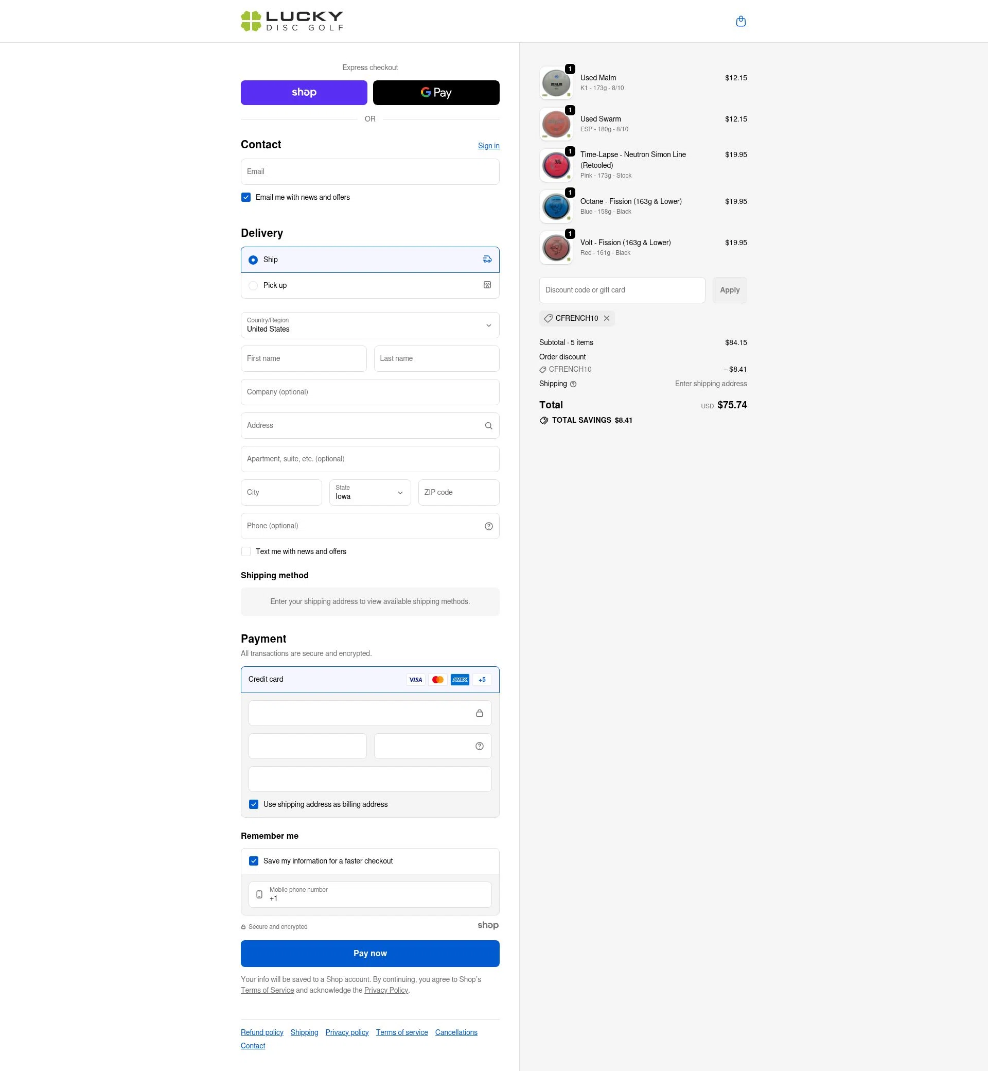 Lucky Disc Golf checkout page showing Lucky Disc Golf discount code box | Screenshot taken by SimplyCodes community member on Dec 11, 2025