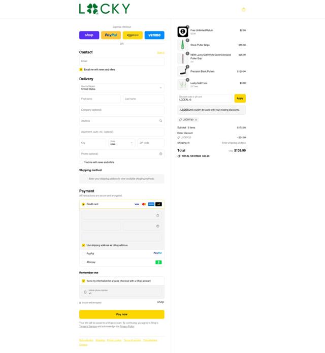 Lucky Golf checkout page showing Lucky Golf discount code box | Screenshot taken by SimplyCodes community member on Sep 10, 2025