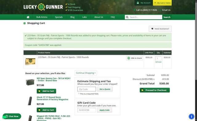 Lucky Gunner checkout page showing Lucky Gunner promo code box | Screenshot taken by SimplyCodes community member on Jul 11, 2025