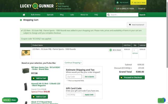 Lucky Gunner checkout page showing Lucky Gunner promo code box | Screenshot taken by SimplyCodes community member on Sep 6, 2025