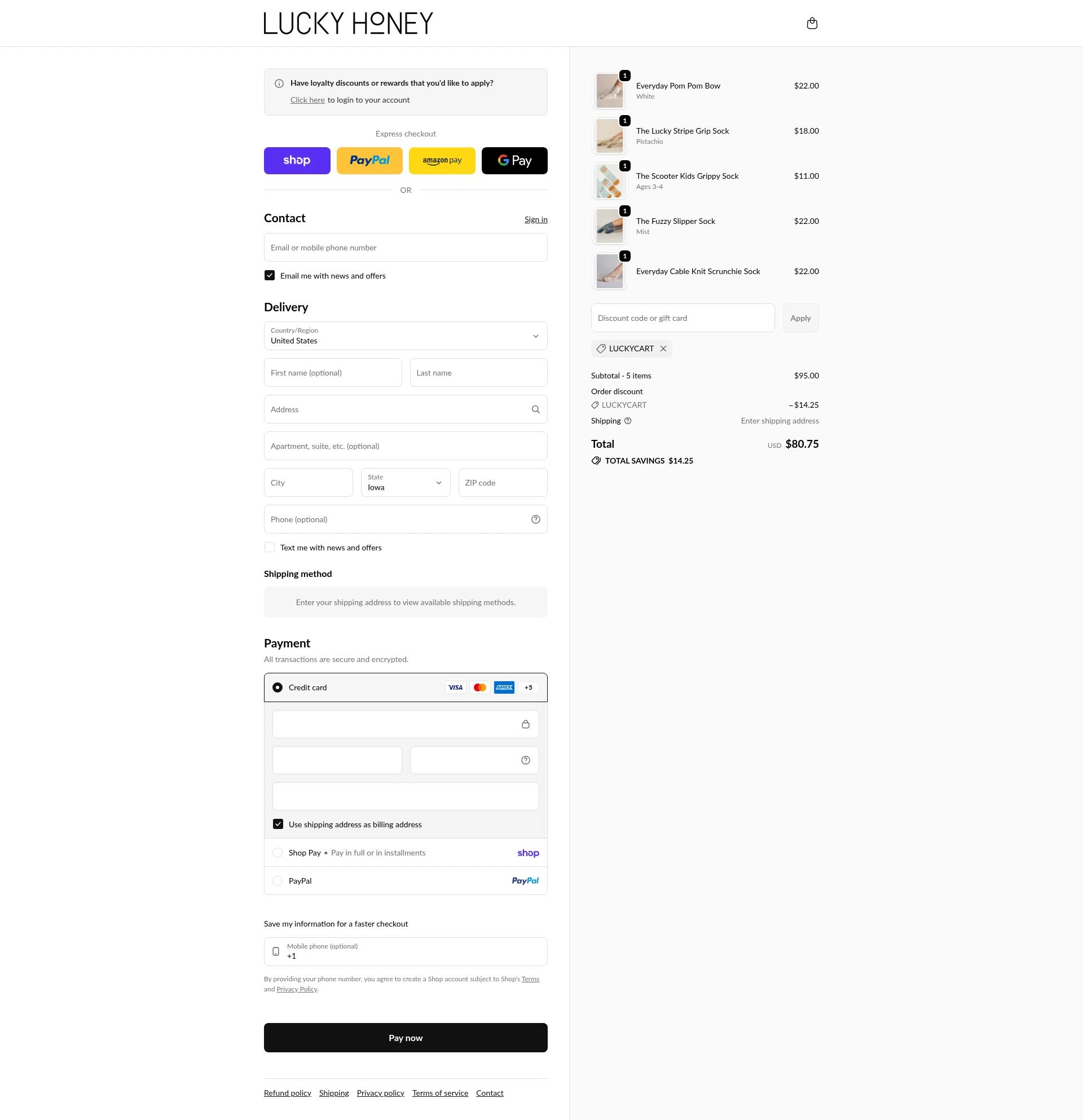 LUCKY HONEY checkout page showing LUCKY HONEY discount code box | Screenshot taken by SimplyCodes community member on Feb 18, 2026