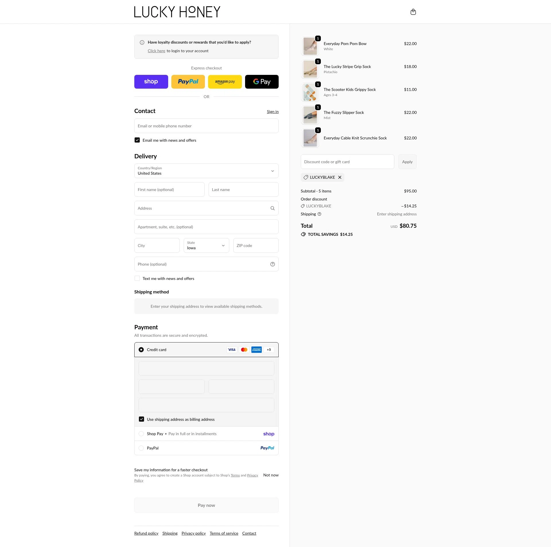 LUCKY HONEY checkout page showing LUCKY HONEY discount code box | Screenshot taken by SimplyCodes community member on Feb 18, 2026