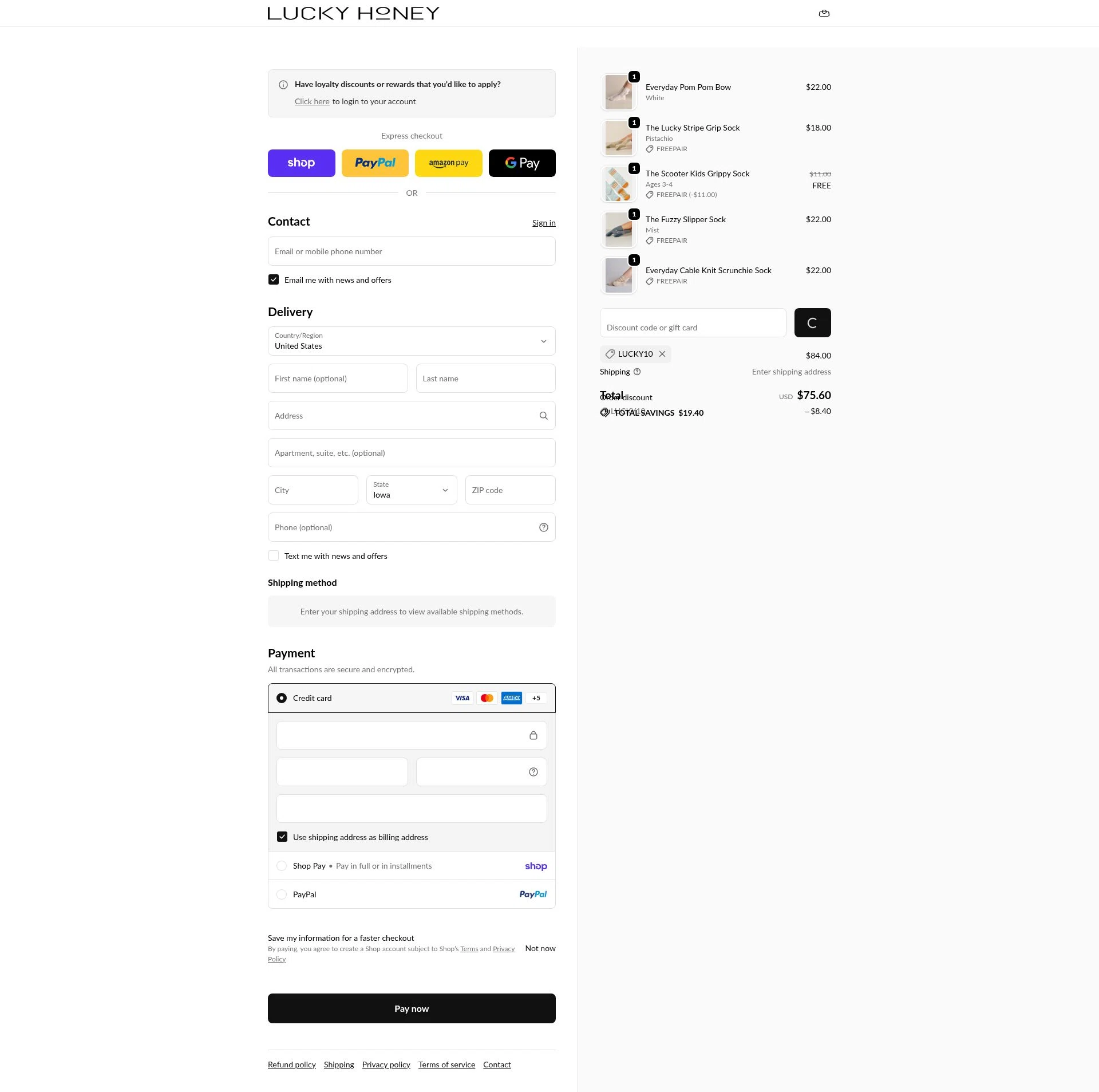 LUCKY HONEY checkout page showing LUCKY HONEY discount code box | Screenshot taken by SimplyCodes community member on Feb 18, 2026