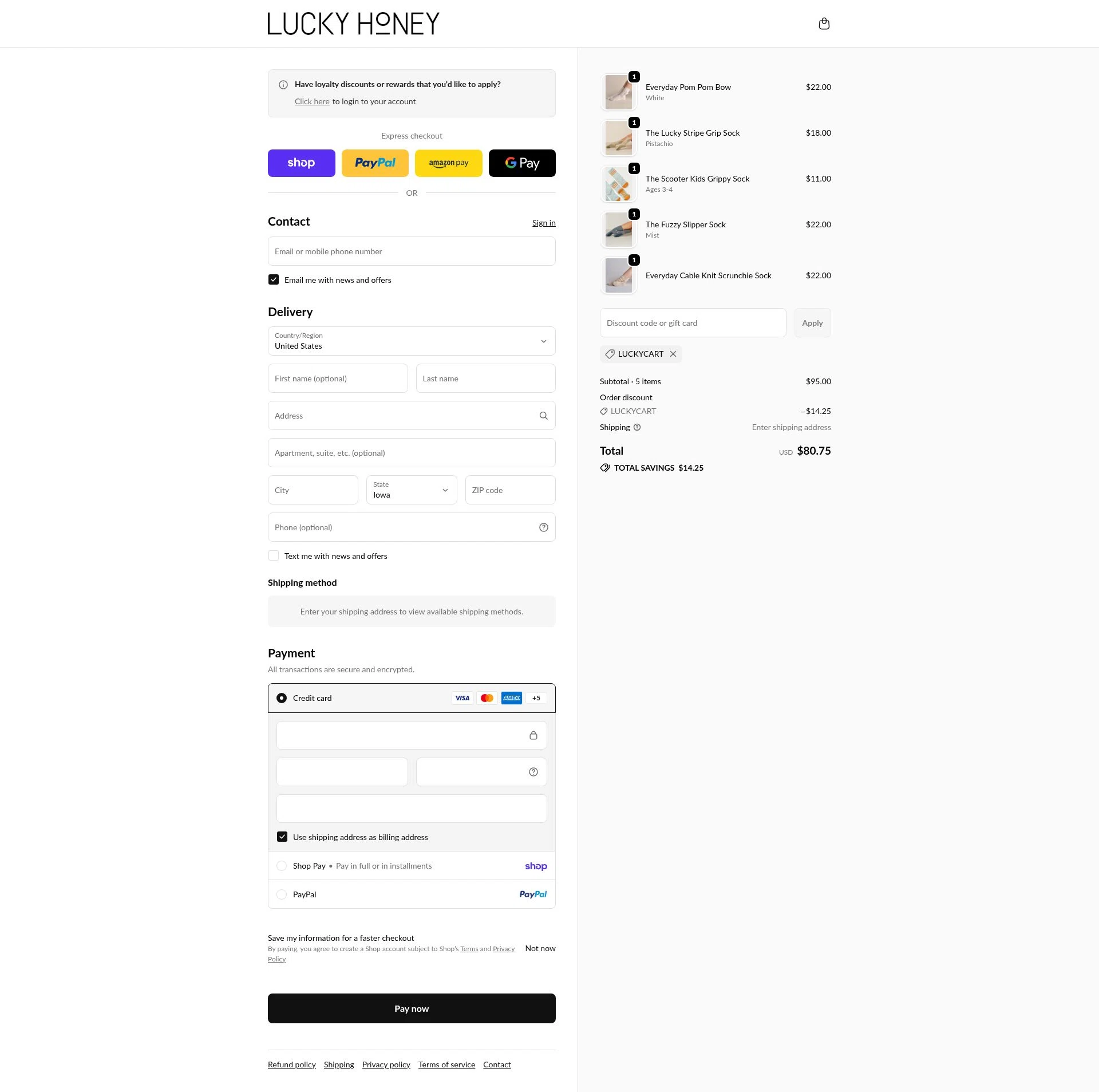 LUCKY HONEY checkout page showing LUCKY HONEY discount code box | Screenshot taken by SimplyCodes community member on Feb 14, 2026