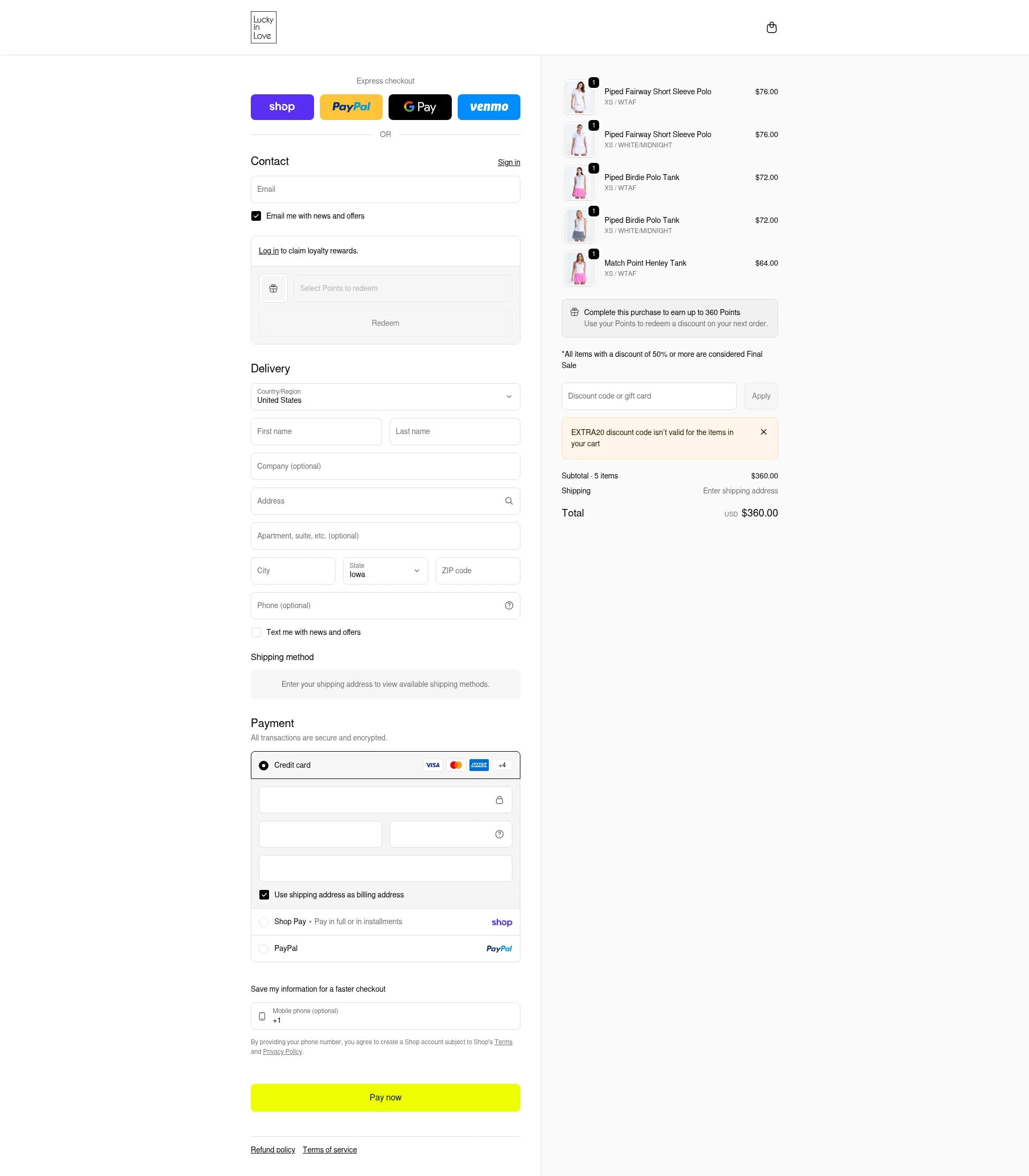 Lucky in Love checkout page showing Lucky in Love discount code box | Screenshot taken by SimplyCodes community member on Feb 19, 2026