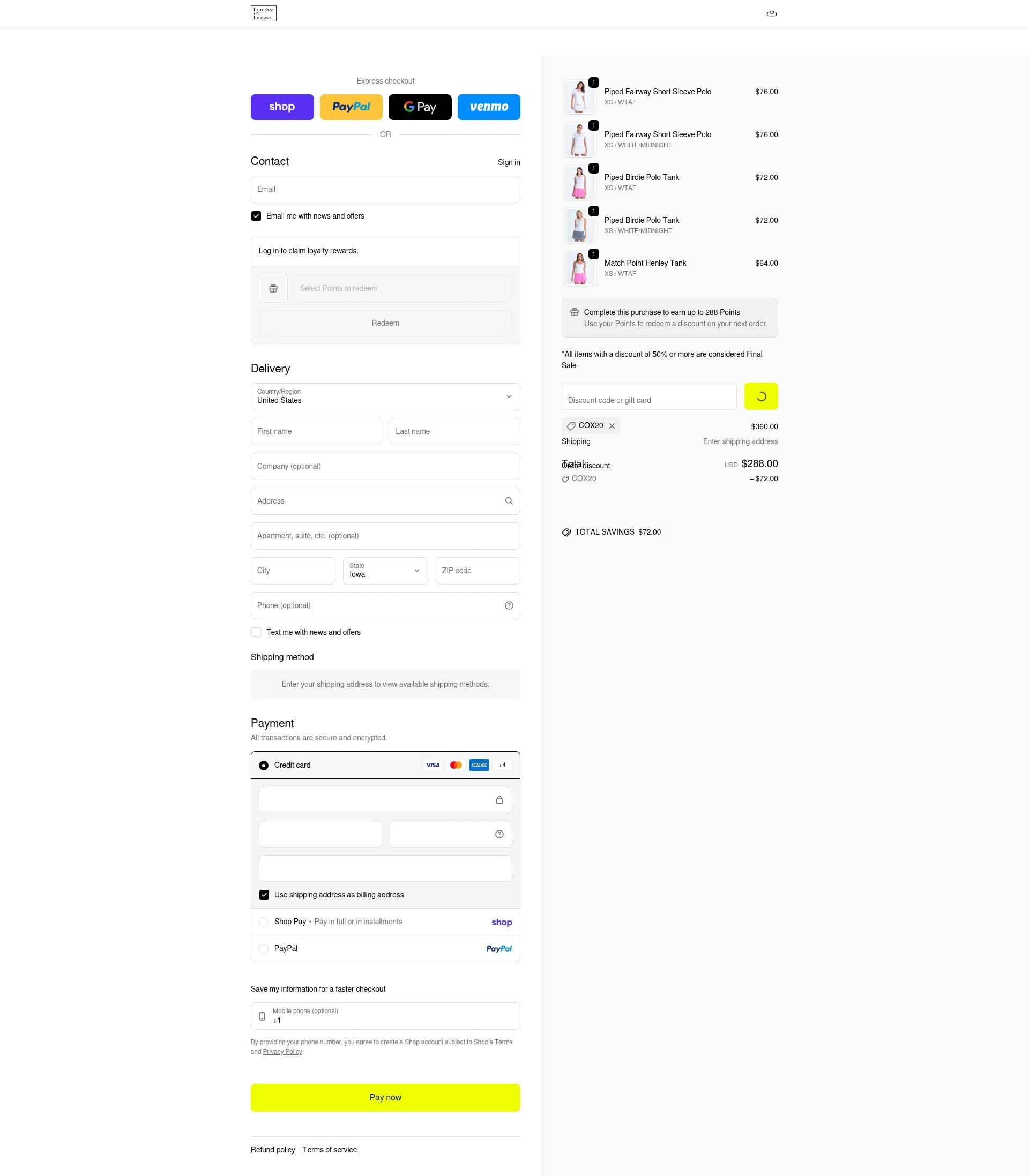 Lucky in Love checkout page showing Lucky in Love discount code box | Screenshot taken by SimplyCodes community member on Feb 19, 2026