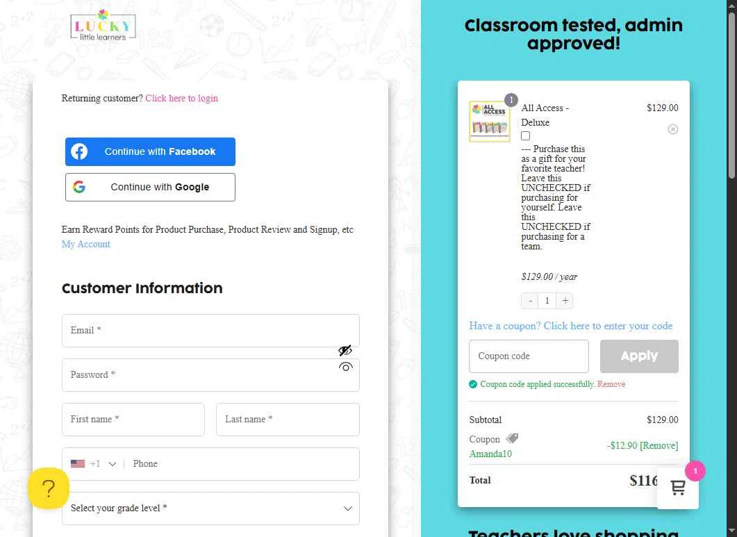 Lucky Little Learners checkout page showing Lucky Little Learners coupon code box | Screenshot taken by SimplyCodes community member on Jan 17, 2026