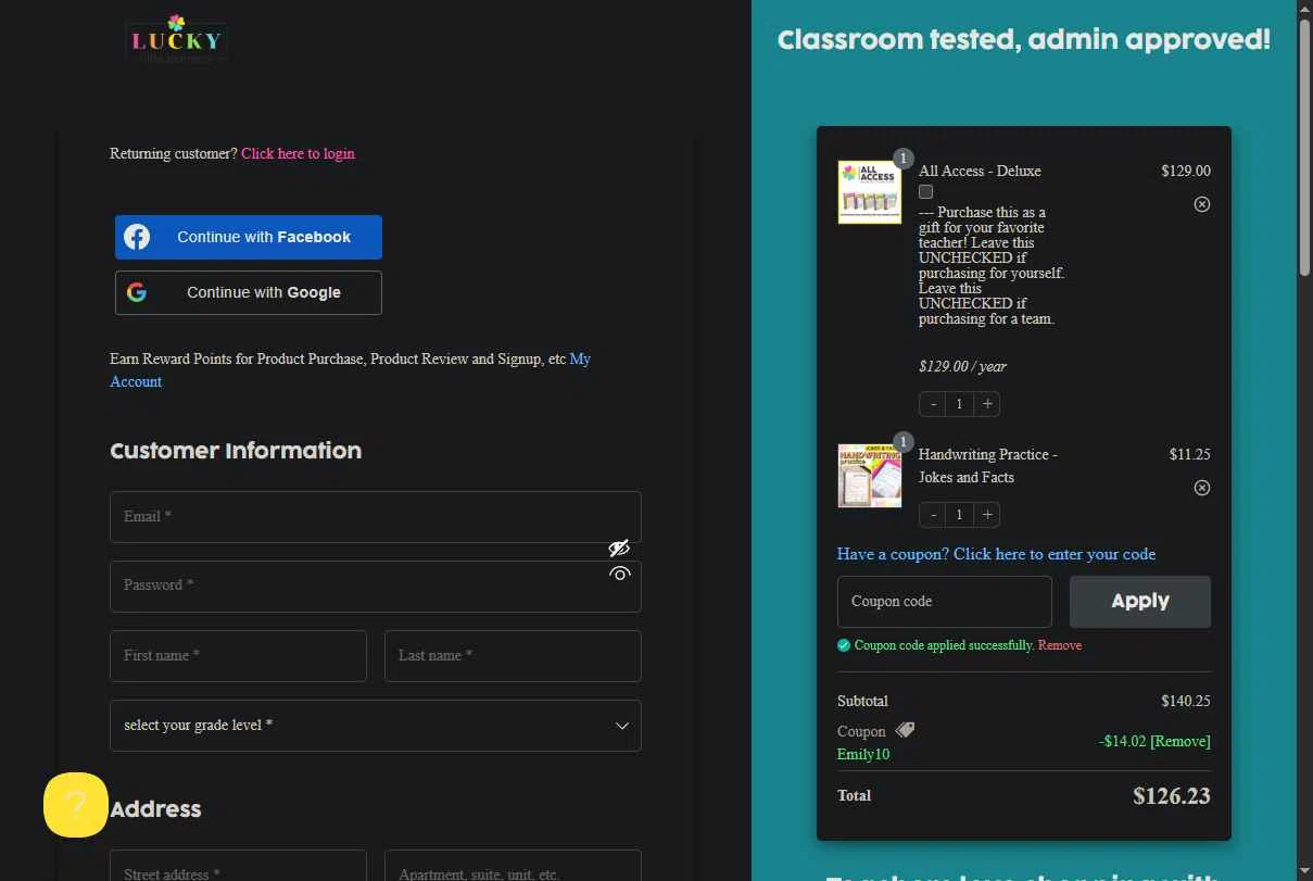 Lucky Little Learners checkout page showing Lucky Little Learners coupon code box | Screenshot taken by SimplyCodes community member on Feb 15, 2026