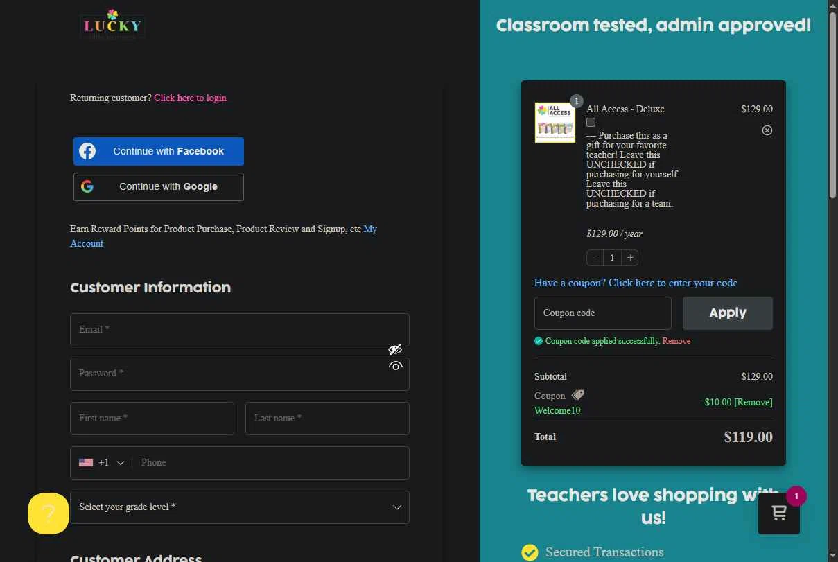 Lucky Little Learners checkout page showing Lucky Little Learners coupon code box | Screenshot taken by SimplyCodes community member on Feb 14, 2026