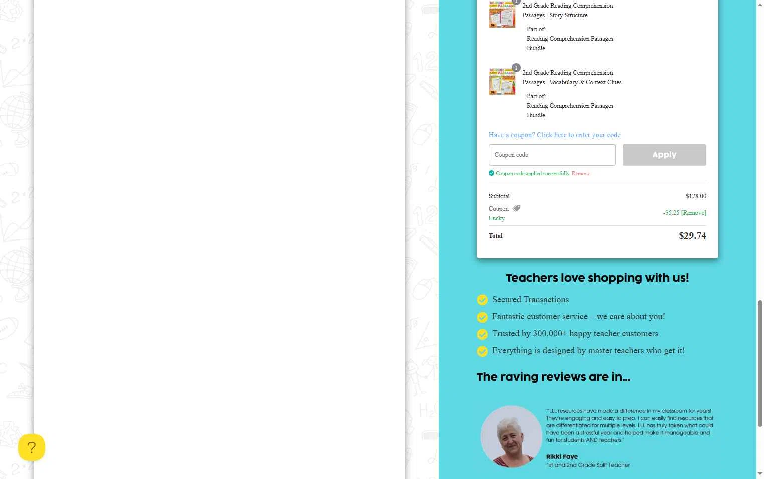 Lucky Little Learners checkout page showing Lucky Little Learners coupon code box | Screenshot taken by SimplyCodes community member on Feb 14, 2026