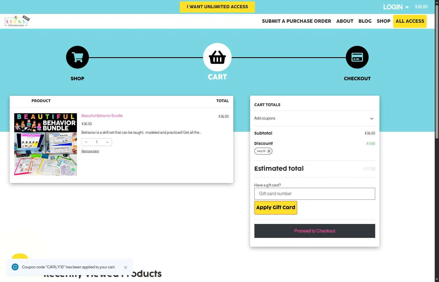 Lucky Little Learners checkout page showing Lucky Little Learners coupon code box | Screenshot taken by SimplyCodes community member on Jan 17, 2026
