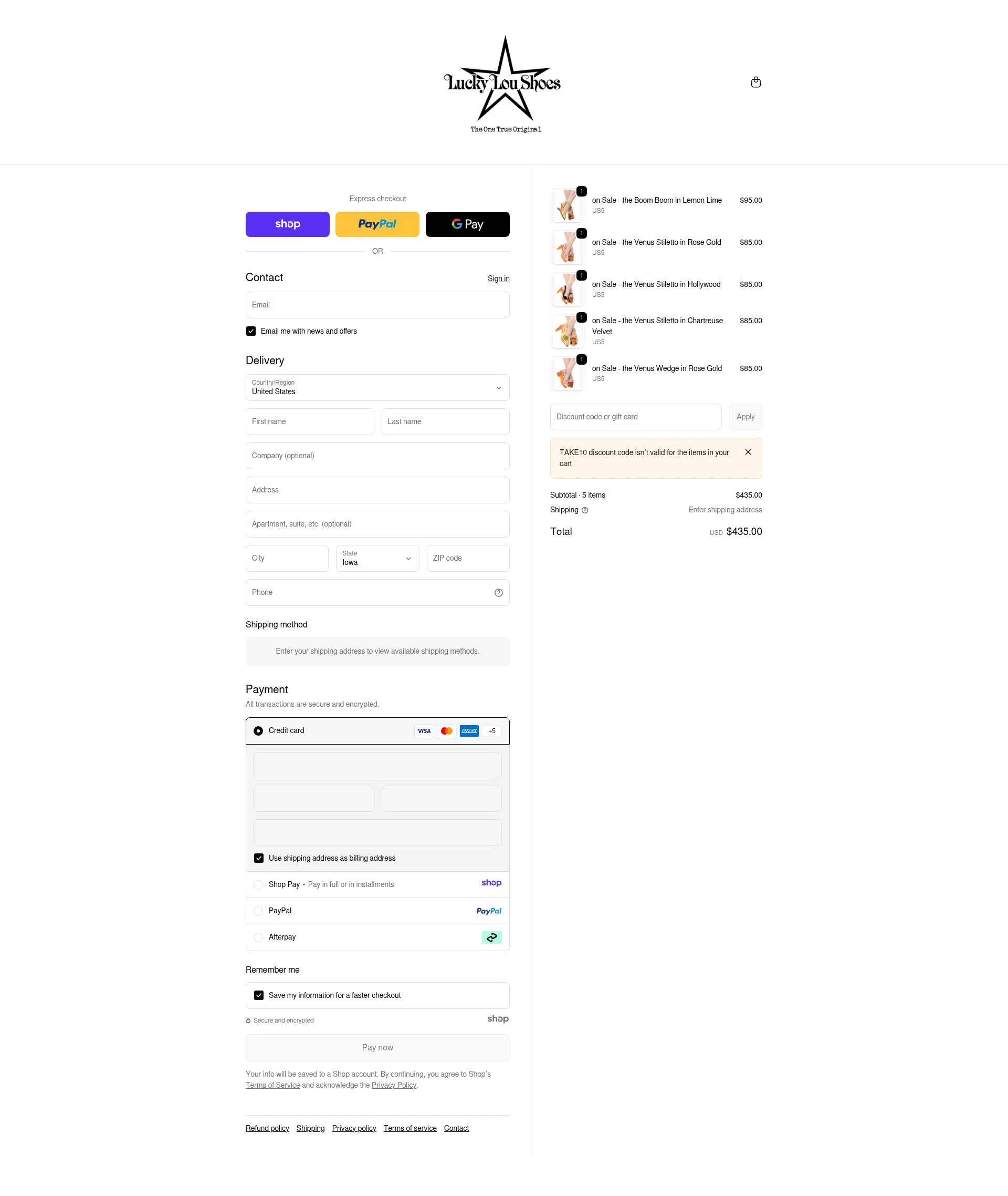 Lucky Lou Shoes checkout page showing Lucky Lou Shoes promo code box | Screenshot taken by SimplyCodes community member on Jan 2, 2026