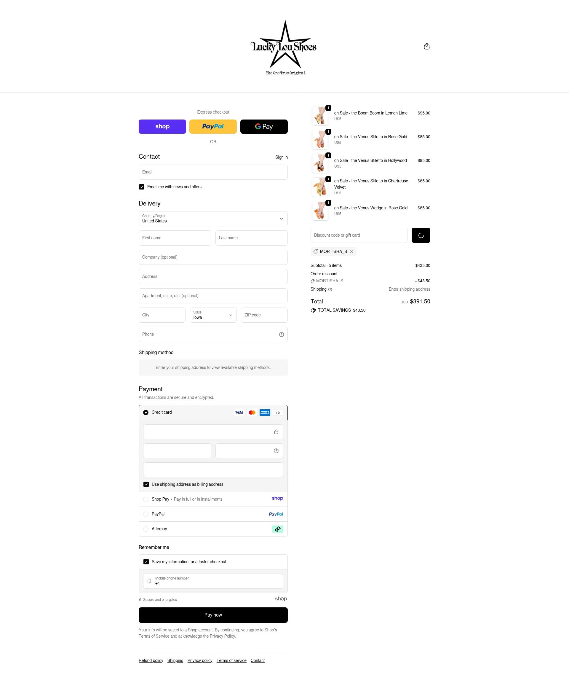 Lucky Lou Shoes checkout page showing Lucky Lou Shoes promo code box | Screenshot taken by SimplyCodes community member on Jan 2, 2026