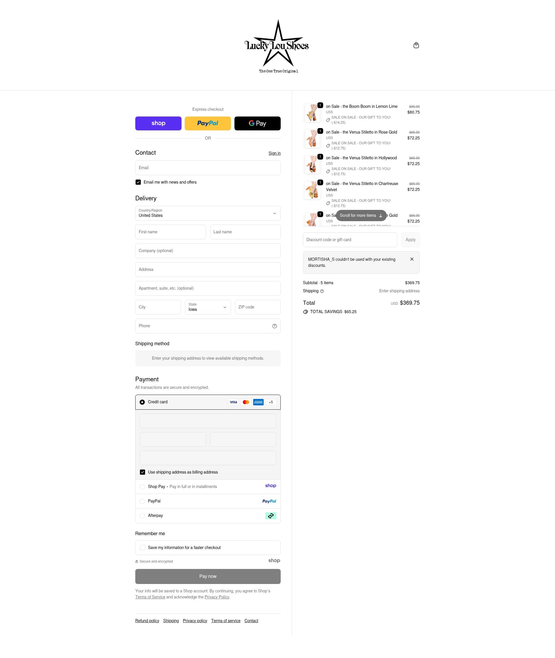 Lucky Lou Shoes checkout page showing Lucky Lou Shoes promo code box | Screenshot taken by SimplyCodes community member on Dec 28, 2025