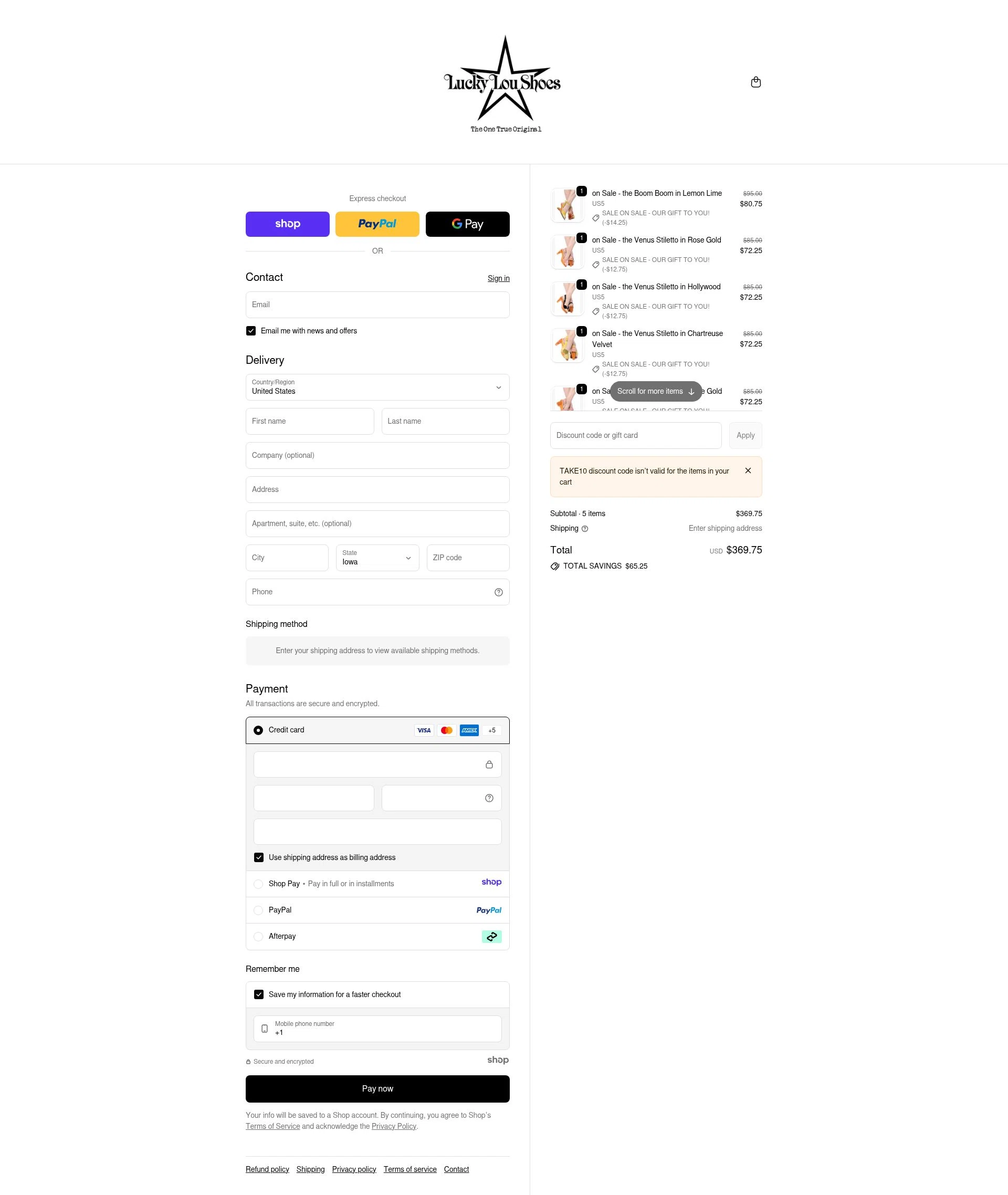 Lucky Lou Shoes checkout page showing Lucky Lou Shoes promo code box | Screenshot taken by SimplyCodes community member on Dec 28, 2025