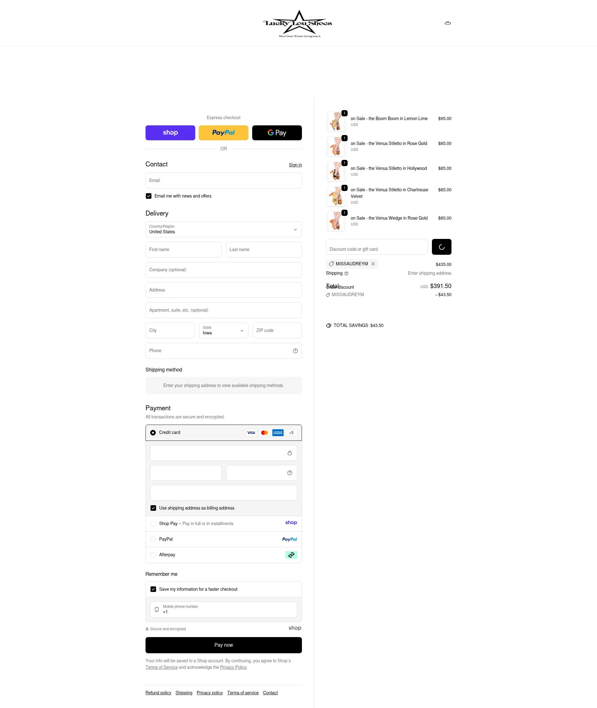 Lucky Lou Shoes checkout page showing Lucky Lou Shoes promo code box | Screenshot taken by SimplyCodes community member on Jan 2, 2026