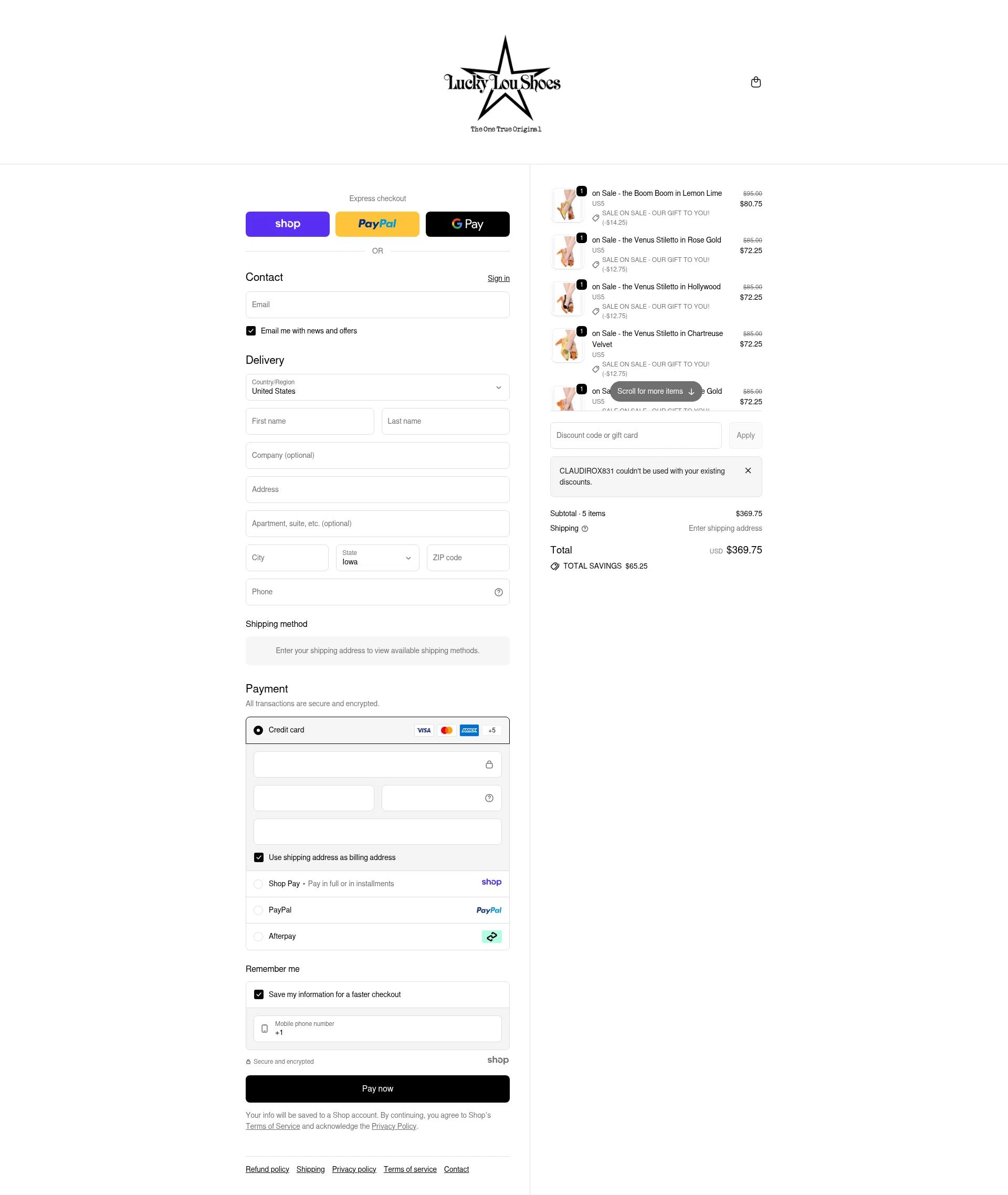 Lucky Lou Shoes checkout page showing Lucky Lou Shoes promo code box | Screenshot taken by SimplyCodes community member on Dec 28, 2025