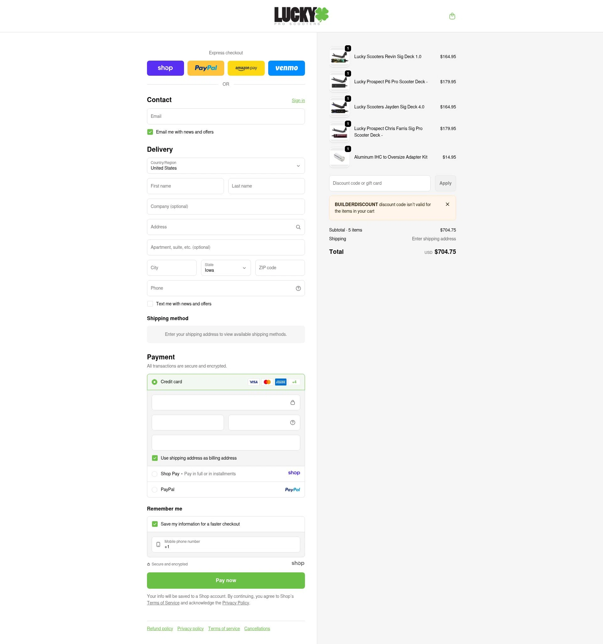Lucky Scooters checkout page showing Lucky Scooters promo code box | Screenshot taken by SimplyCodes community member on Jan 4, 2026