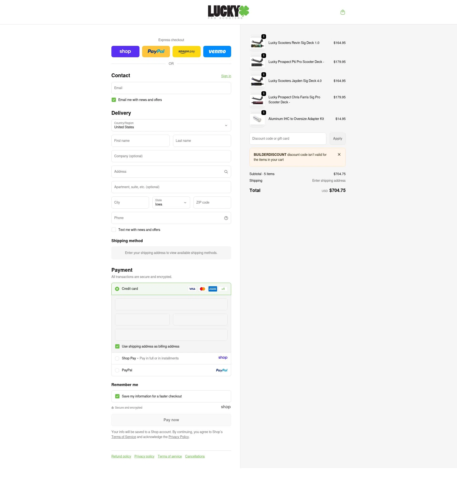 Lucky Scooters checkout page showing Lucky Scooters promo code box | Screenshot taken by SimplyCodes community member on Dec 20, 2025
