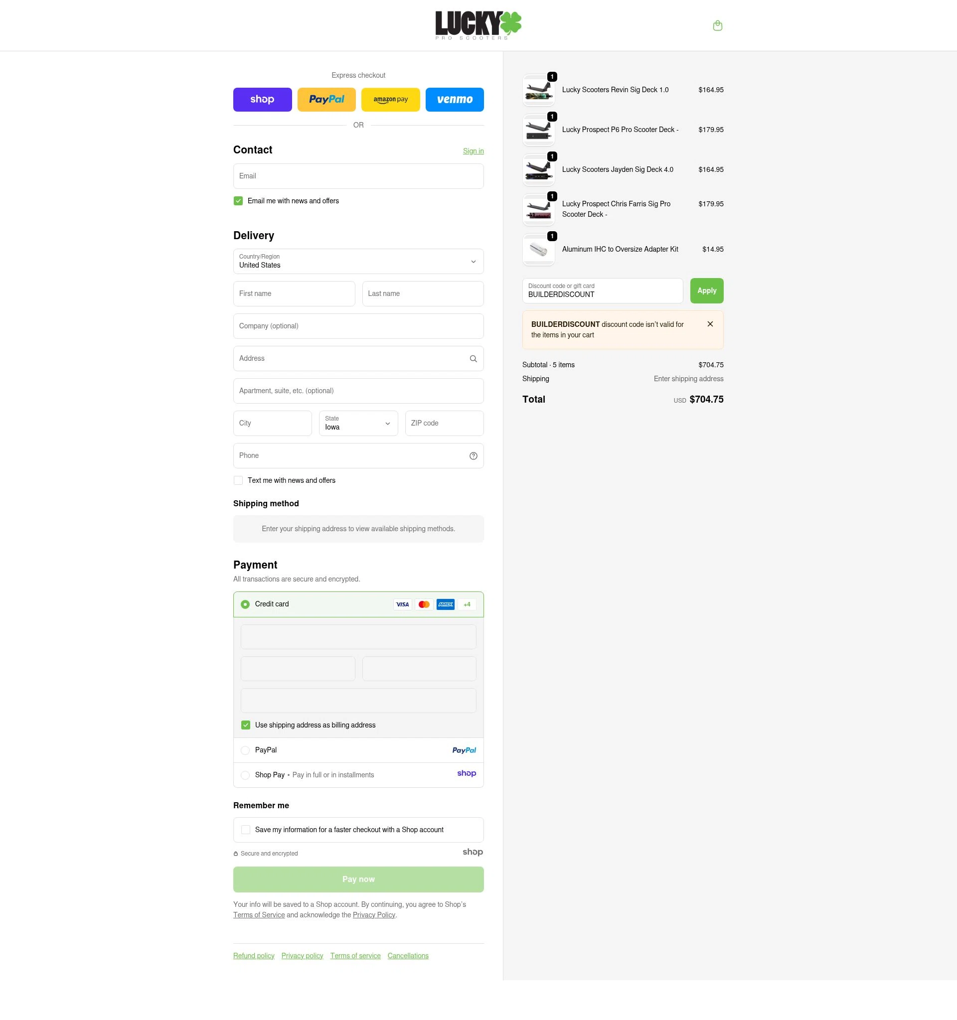 Lucky Scooters checkout page showing Lucky Scooters promo code box | Screenshot taken by SimplyCodes community member on Dec 7, 2025