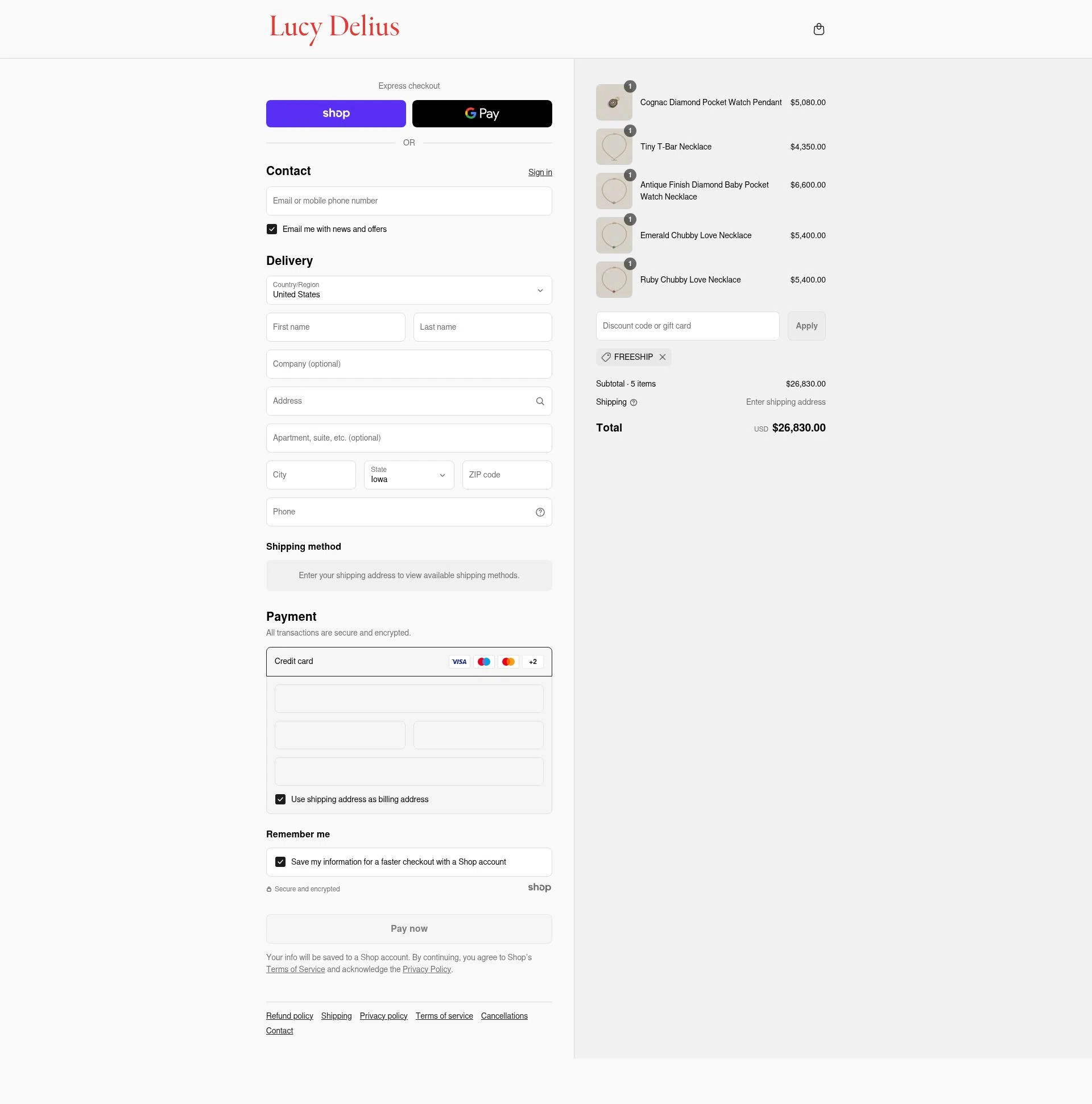 Lucy Delius Jewellery checkout page showing Lucy Delius Jewellery promo code box | Screenshot taken by SimplyCodes community member on Sep 17, 2025