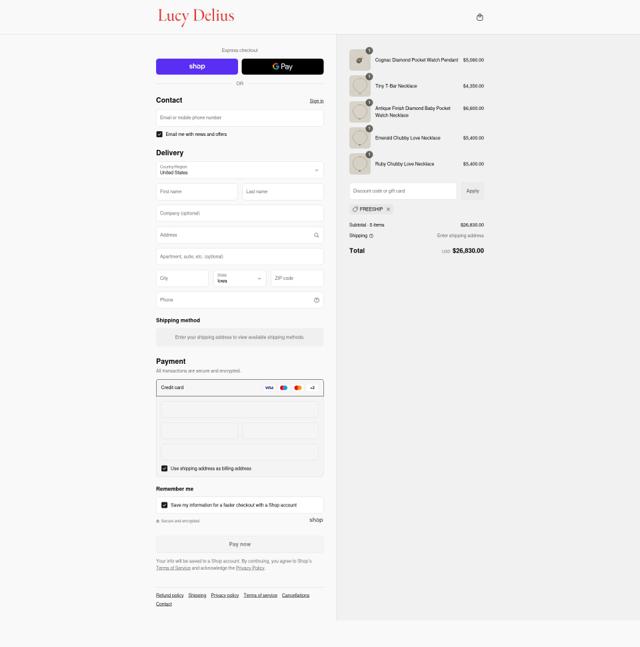 Lucy Delius Jewellery checkout page showing Lucy Delius Jewellery promo code box | Screenshot taken by SimplyCodes community member on Sep 17, 2025