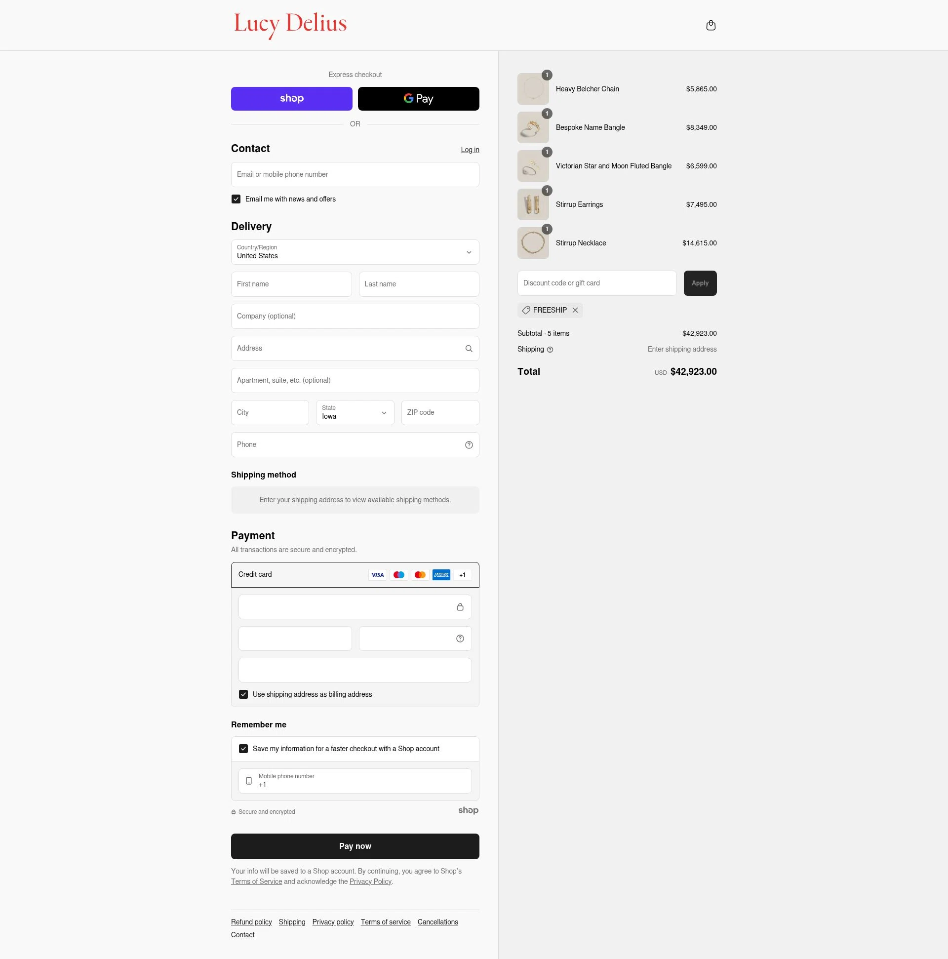 Lucy Delius Jewellery checkout page showing Lucy Delius Jewellery promo code box | Screenshot taken by SimplyCodes community member on Aug 31, 2025