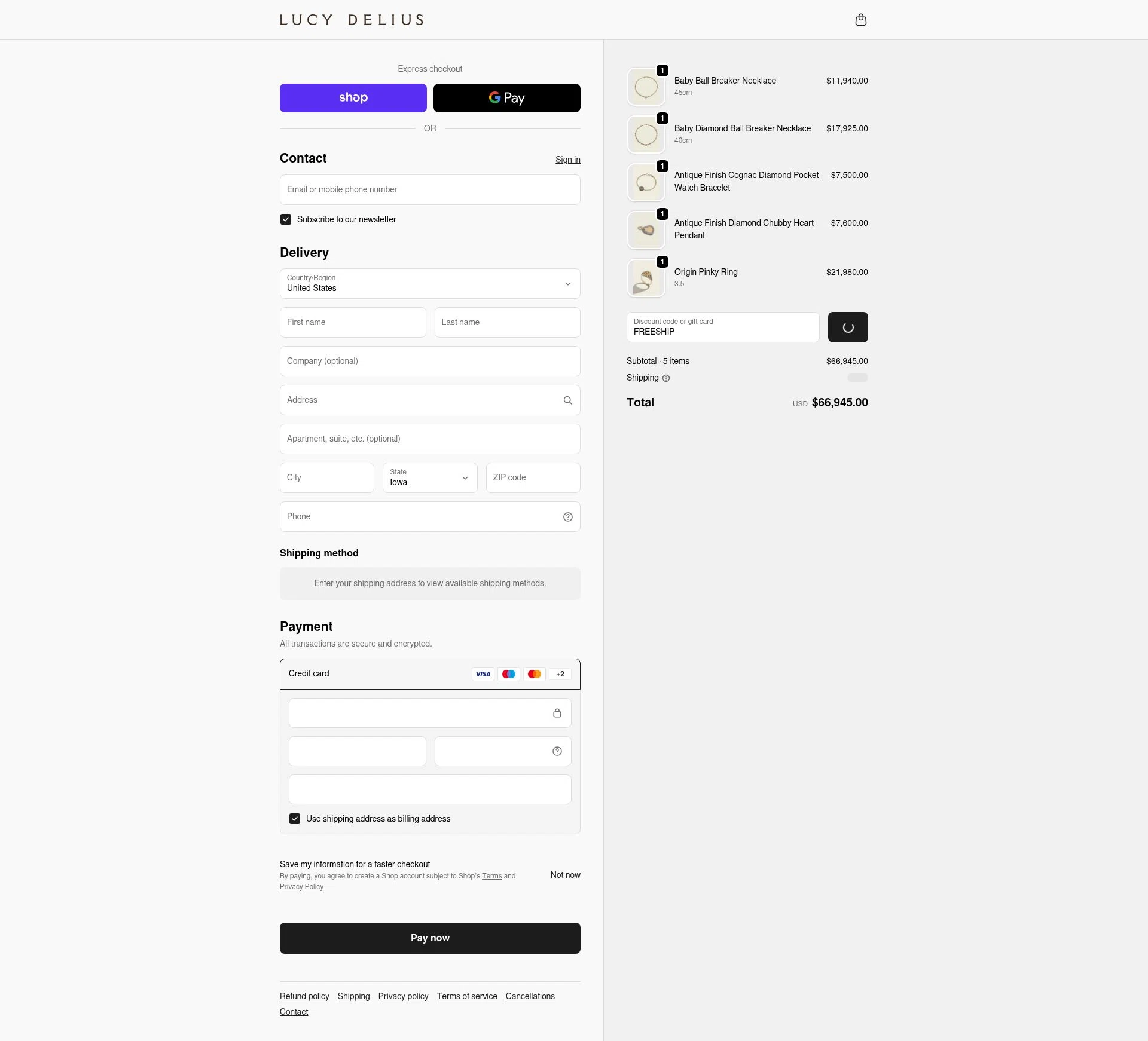 Lucy Delius Jewellery checkout page showing Lucy Delius Jewellery promo code box | Screenshot taken by SimplyCodes community member on Feb 18, 2026