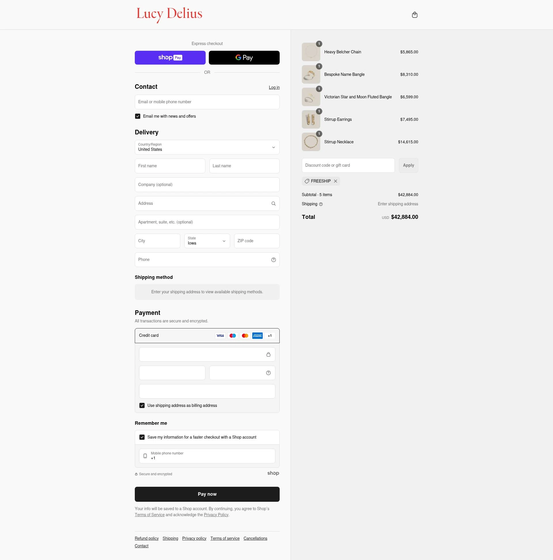 Lucy Delius Jewellery checkout page showing Lucy Delius Jewellery promo code box | Screenshot taken by SimplyCodes community member on Aug 27, 2025
