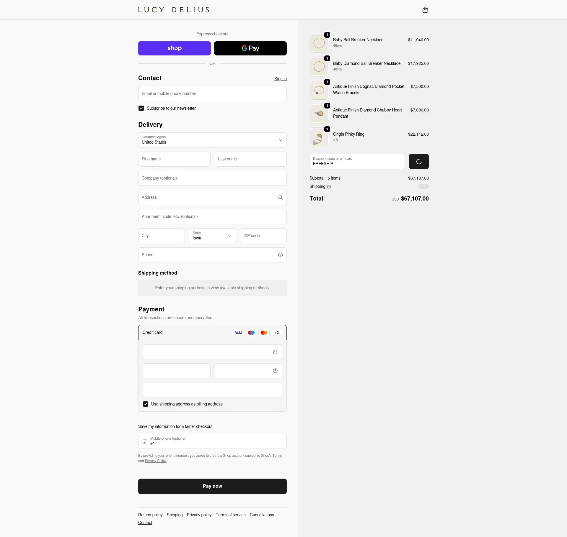 Lucy Delius Jewellery checkout page showing Lucy Delius Jewellery promo code box | Screenshot taken by SimplyCodes community member on Feb 14, 2026