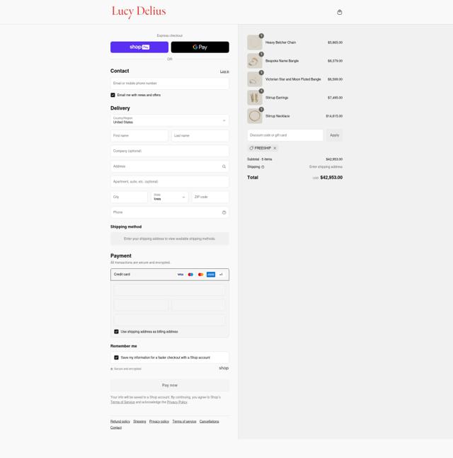 Lucy Delius Jewellery checkout page showing Lucy Delius Jewellery promo code box | Screenshot taken by SimplyCodes community member on Aug 17, 2025
