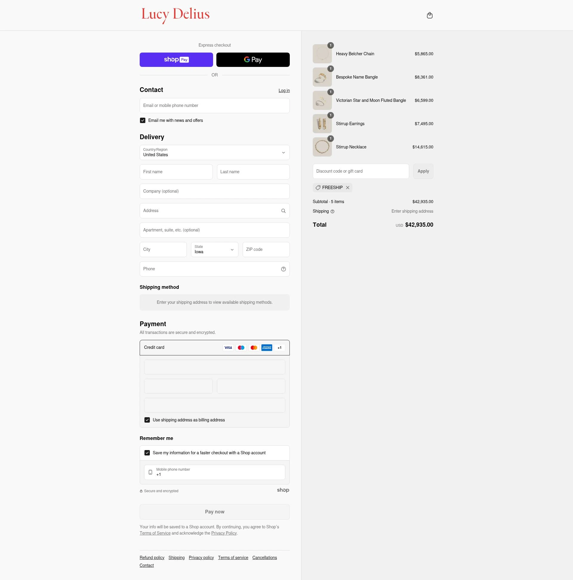 Lucy Delius Jewellery checkout page showing Lucy Delius Jewellery promo code box | Screenshot taken by SimplyCodes community member on Aug 23, 2025