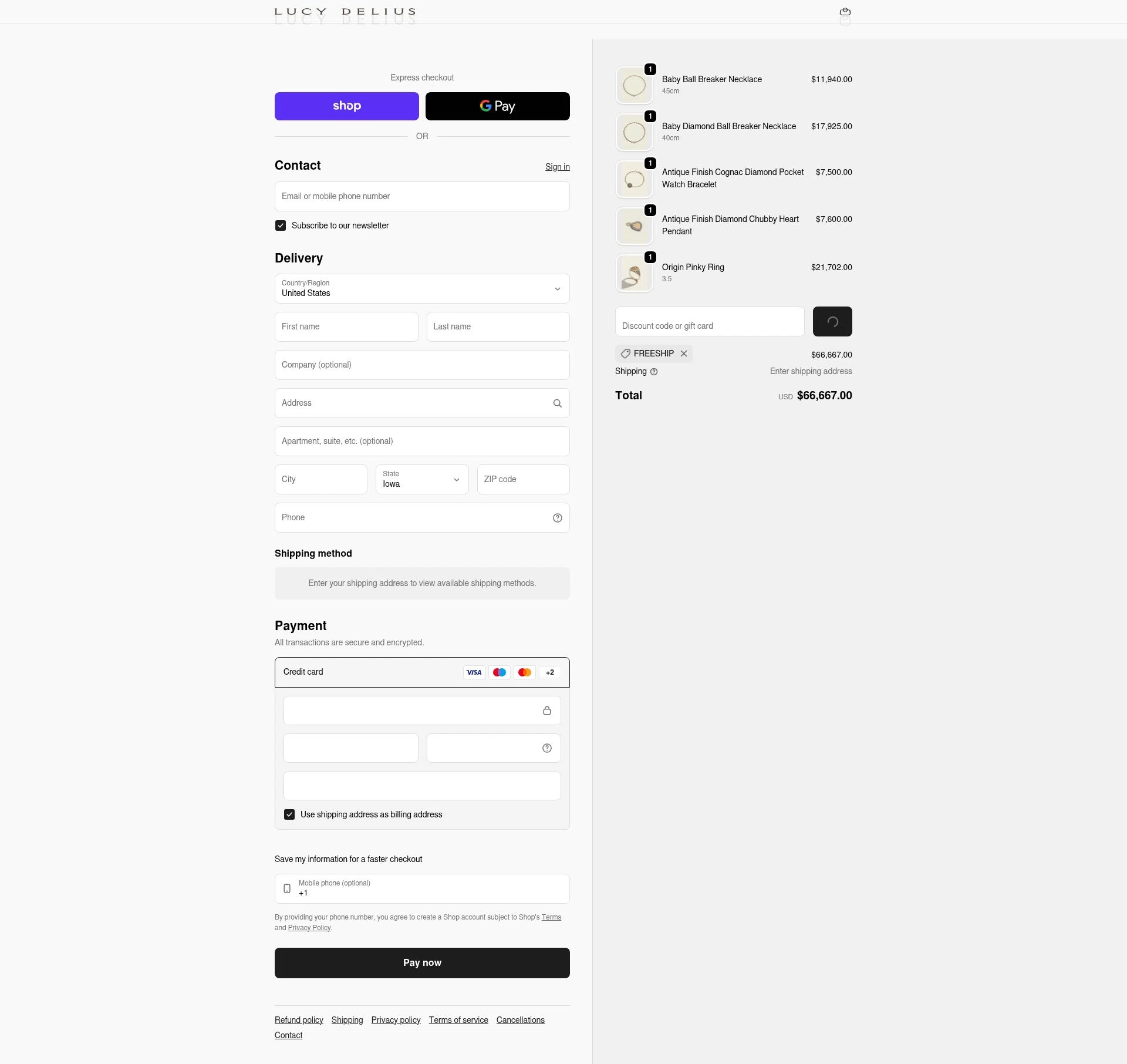 Lucy Delius Jewellery checkout page showing Lucy Delius Jewellery promo code box | Screenshot taken by SimplyCodes community member on Jan 18, 2026