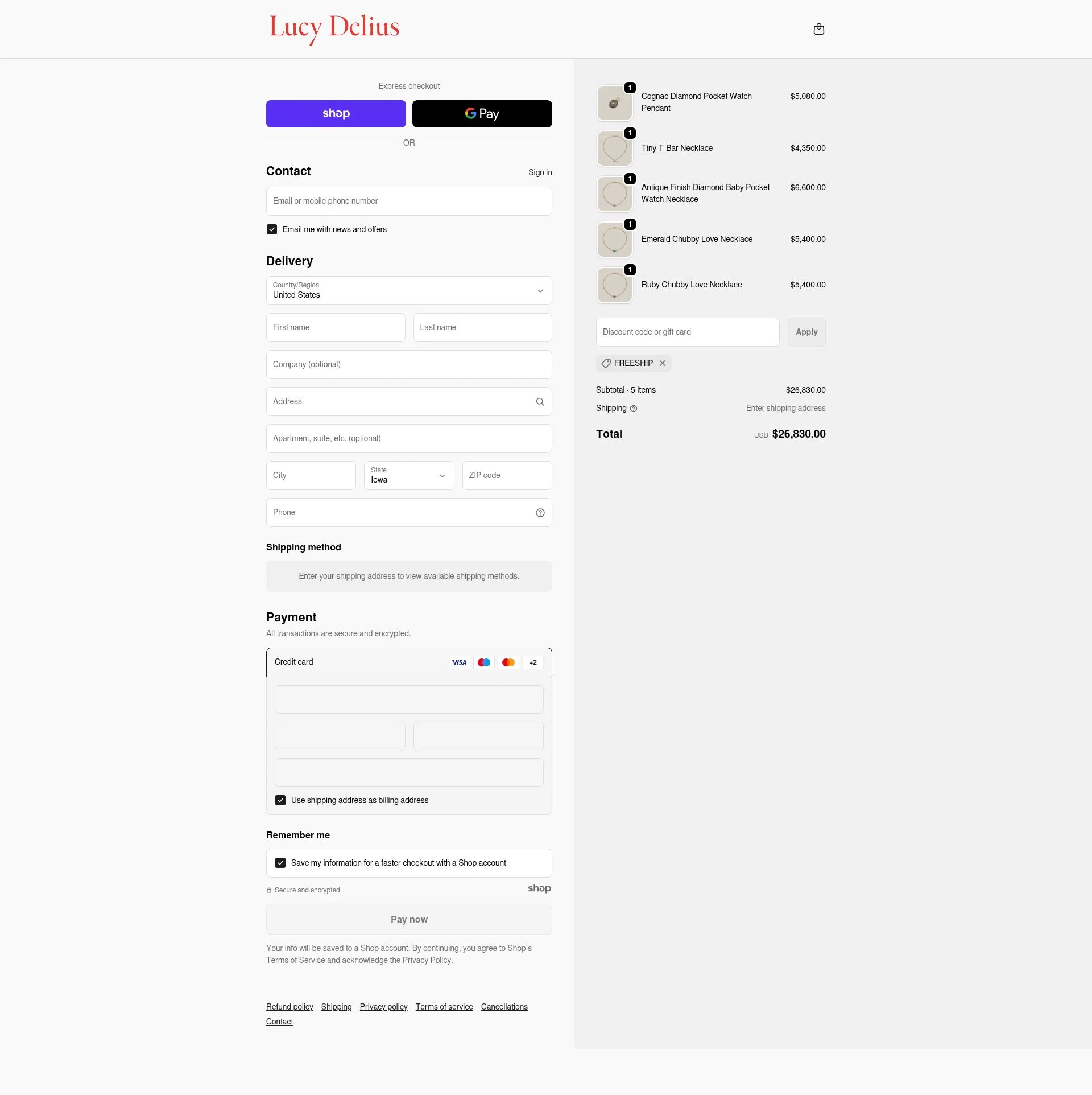 Lucy Delius Jewellery checkout page showing Lucy Delius Jewellery promo code box | Screenshot taken by SimplyCodes community member on Sep 21, 2025