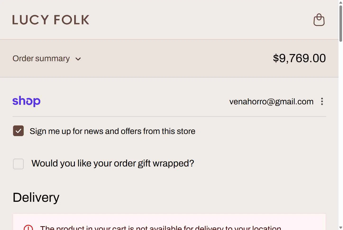 Lucy Folk checkout page showing Lucy Folk discount code box | Screenshot taken by SimplyCodes community member on Feb 9, 2026