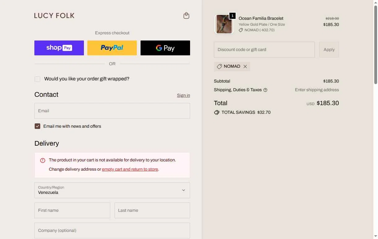 Lucy Folk checkout page showing Lucy Folk discount code box | Screenshot taken by SimplyCodes community member on Jan 10, 2026