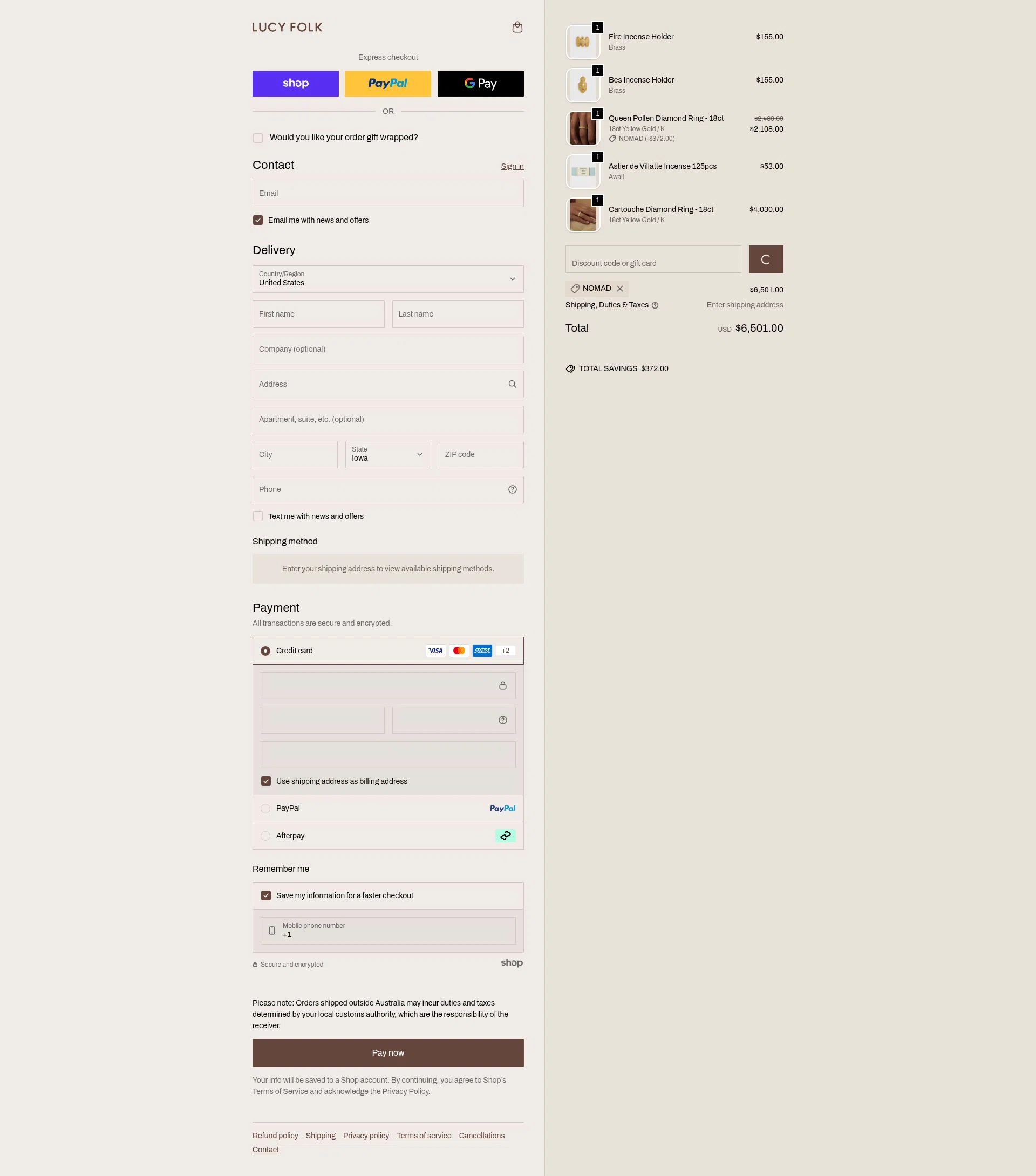 Lucy Folk checkout page showing Lucy Folk discount code box | Screenshot taken by SimplyCodes community member on Jan 11, 2026