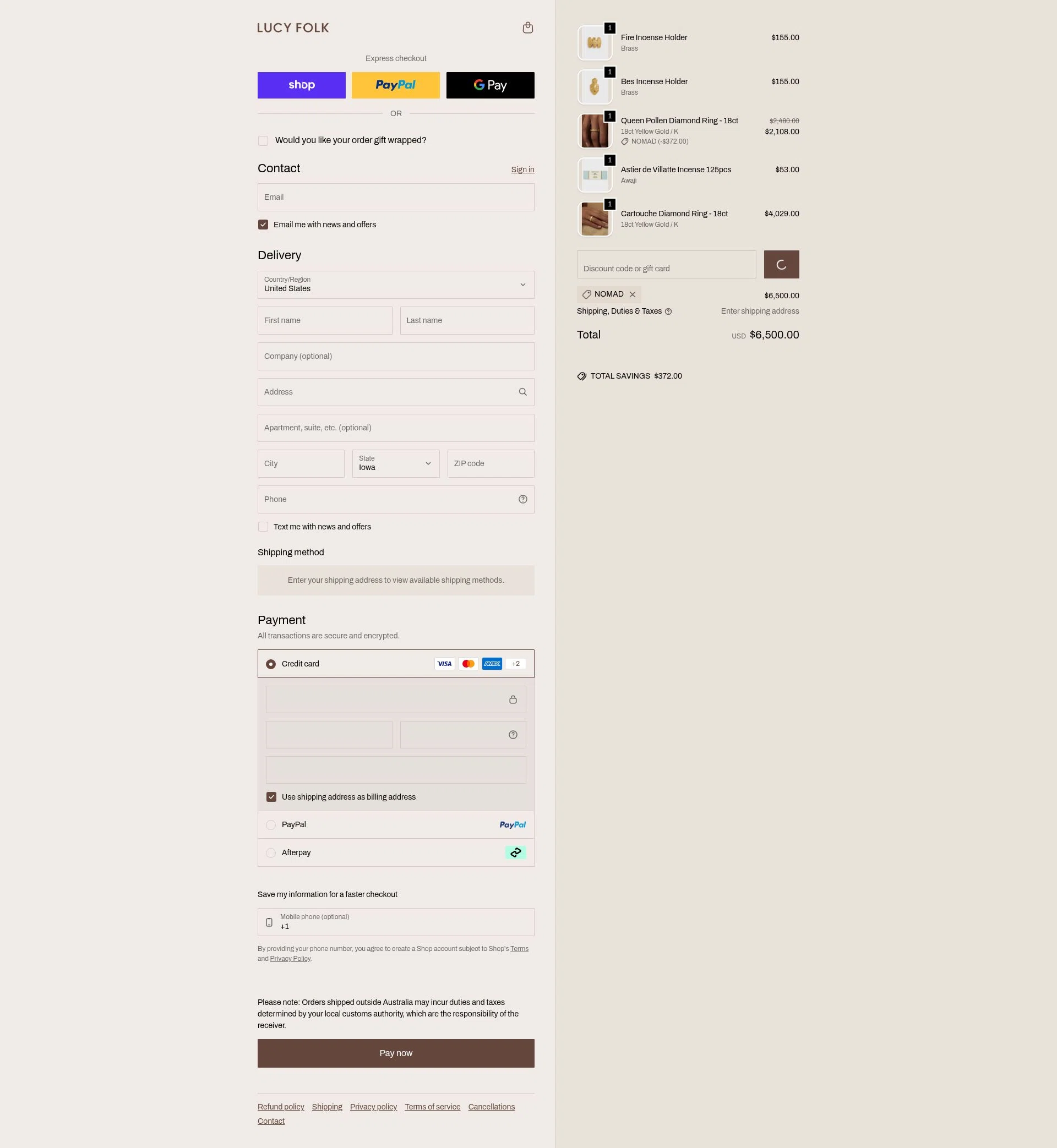 Lucy Folk checkout page showing Lucy Folk discount code box | Screenshot taken by SimplyCodes community member on Jan 17, 2026