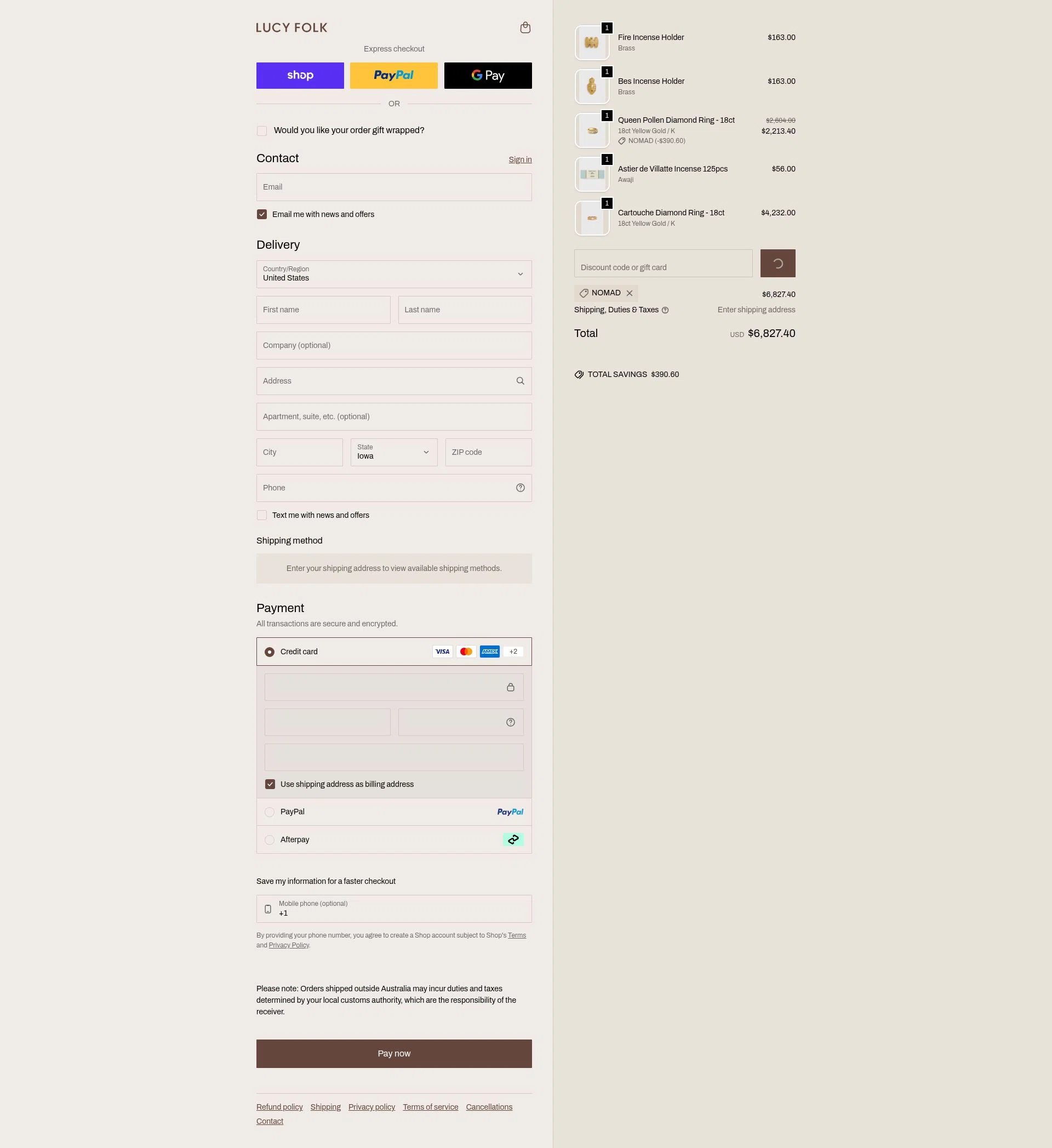 Lucy Folk checkout page showing Lucy Folk discount code box | Screenshot taken by SimplyCodes community member on Feb 4, 2026