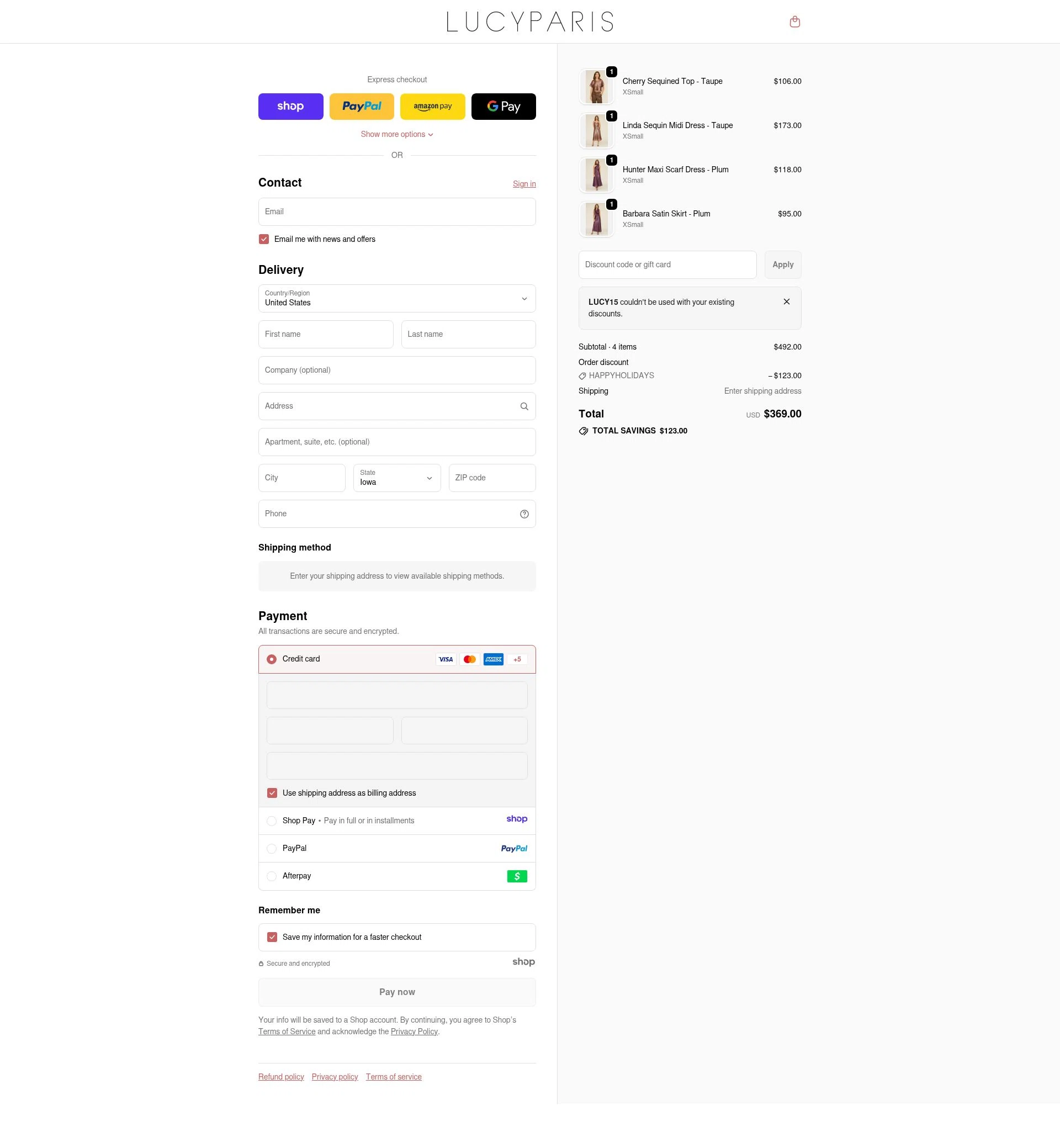 Lucy Paris checkout page showing Lucy Paris promo code box | Screenshot taken by SimplyCodes community member on Dec 31, 2025