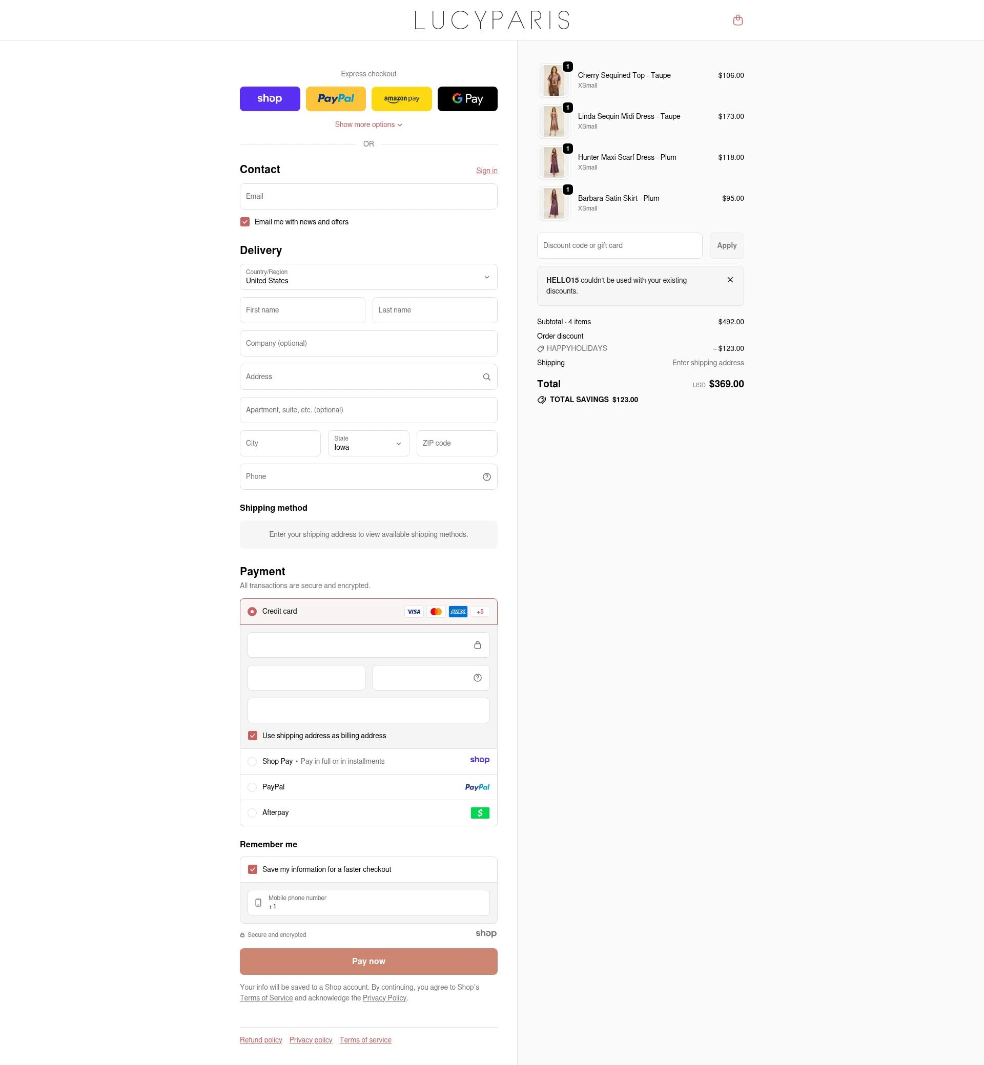 Lucy Paris checkout page showing Lucy Paris promo code box | Screenshot taken by SimplyCodes community member on Dec 31, 2025