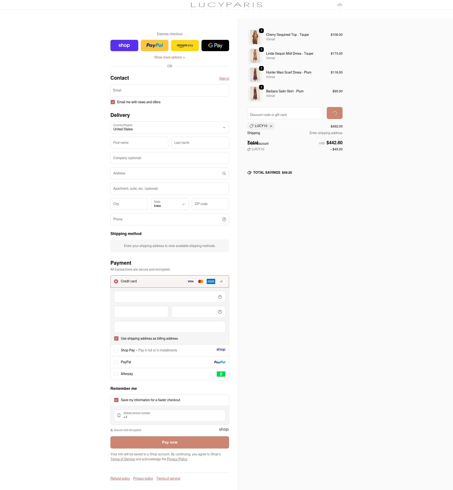 Lucy Paris checkout page showing Lucy Paris promo code box | Screenshot taken by SimplyCodes community member on Dec 26, 2025