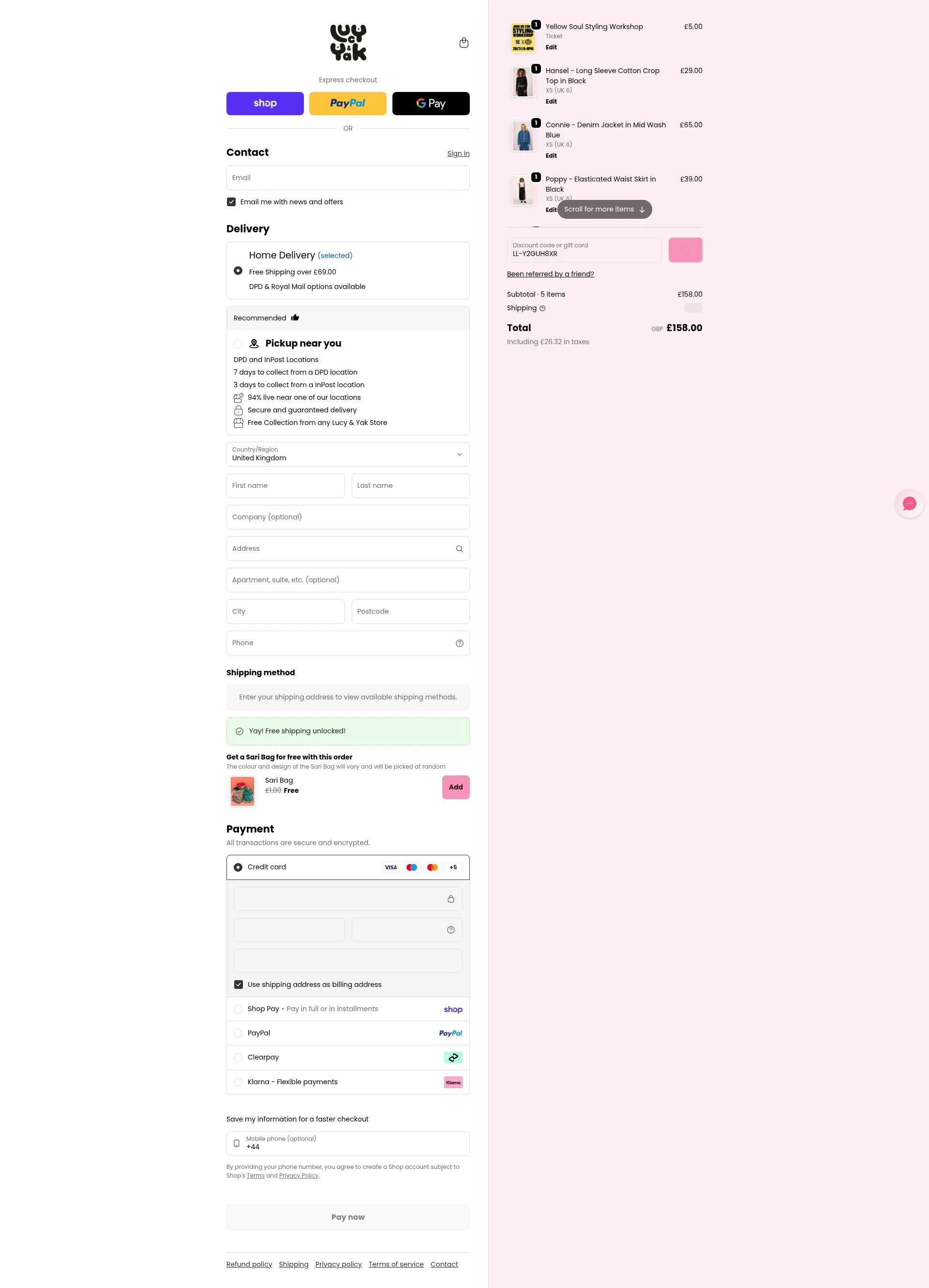 Lucy & Yak checkout page showing Lucy & Yak discount code box | Screenshot taken by SimplyCodes community member on Feb 18, 2026