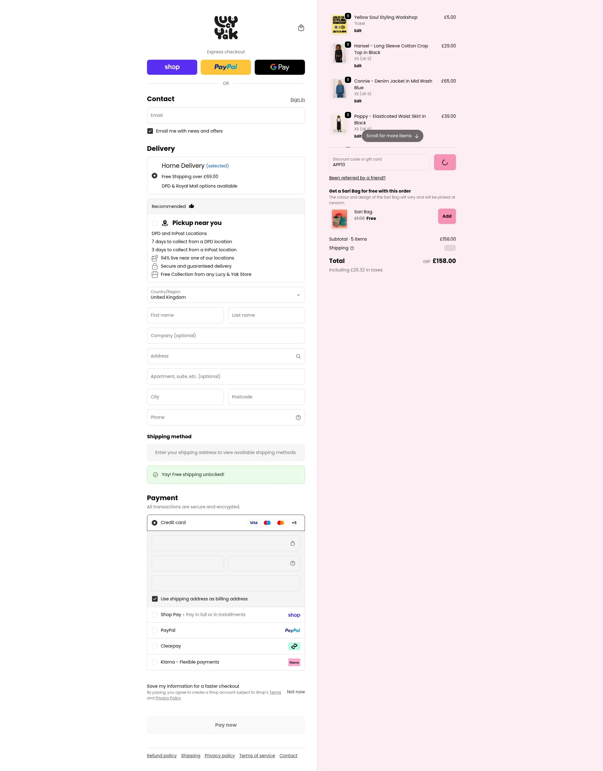 Lucy & Yak checkout page showing Lucy & Yak discount code box | Screenshot taken by SimplyCodes community member on Feb 16, 2026