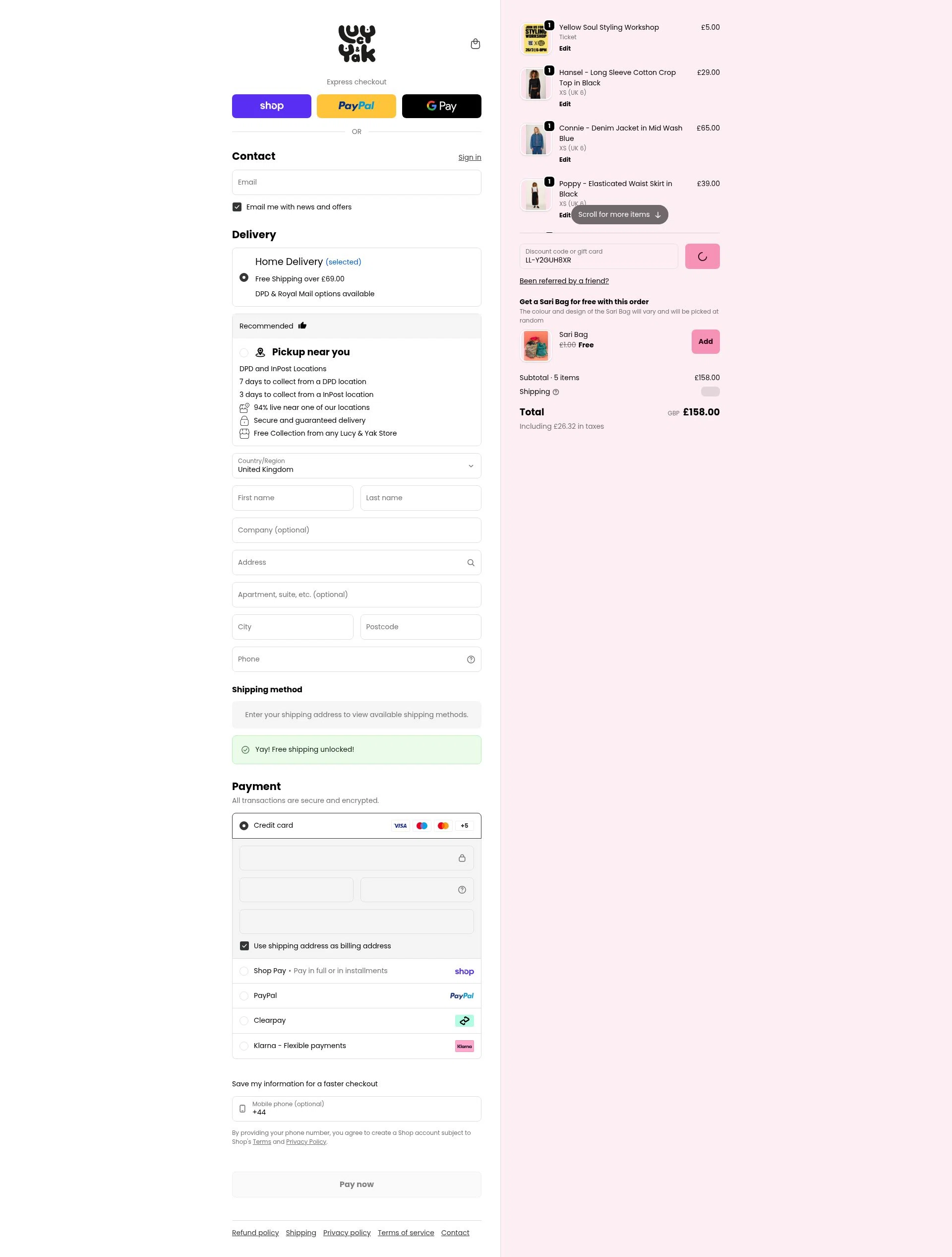 Lucy & Yak checkout page showing Lucy & Yak discount code box | Screenshot taken by SimplyCodes community member on Feb 16, 2026