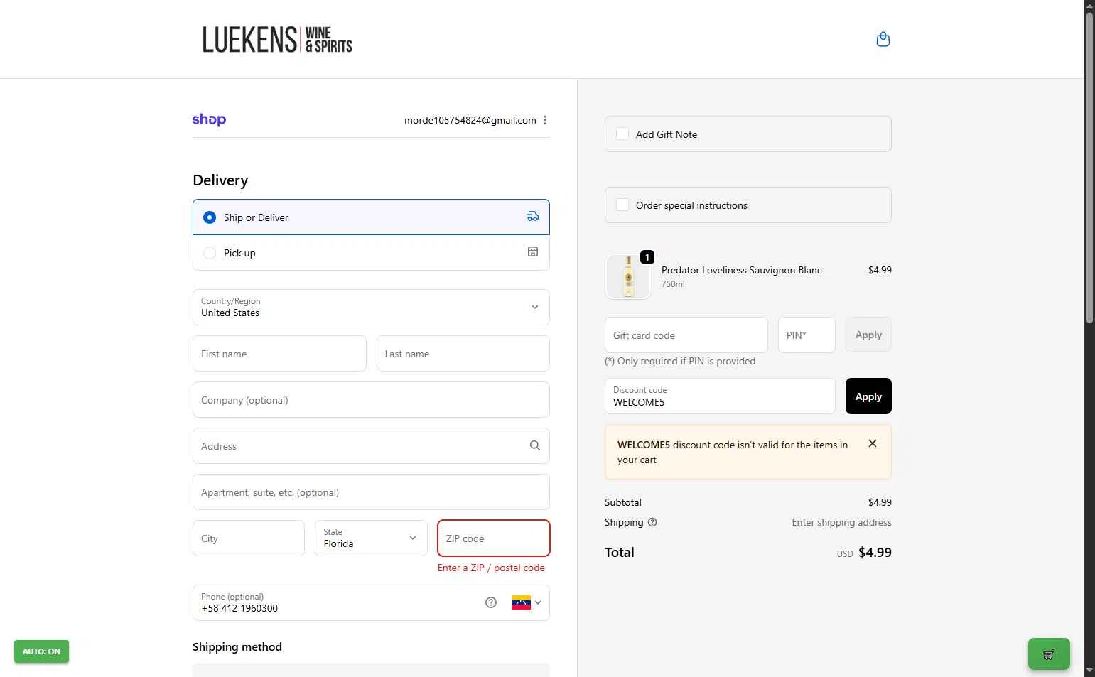 Luekens Liquors checkout page showing Luekens Liquors promo code box | Screenshot taken by SimplyCodes community member on Oct 30, 2025