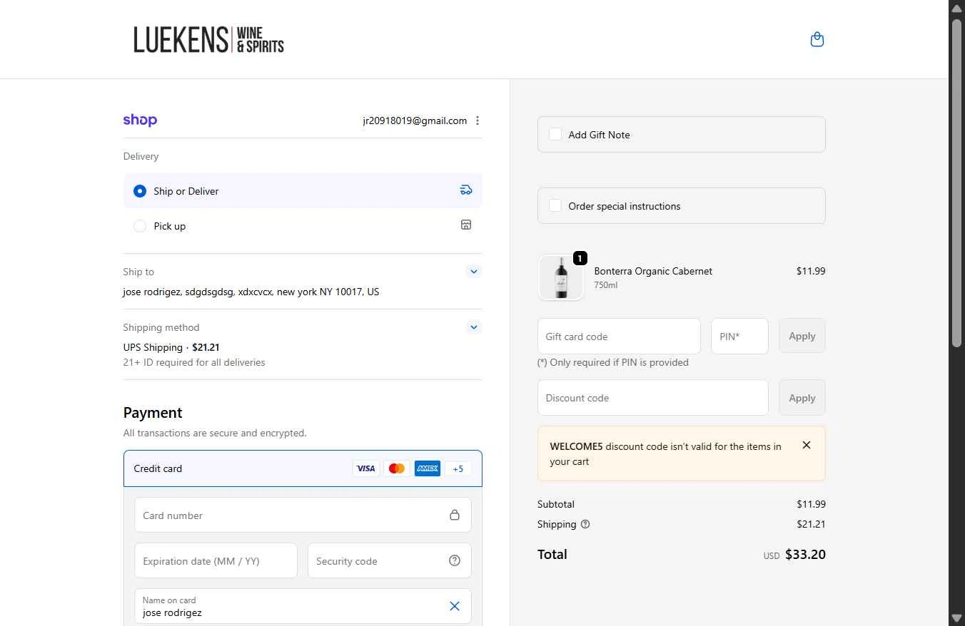 Luekens Liquors checkout page showing Luekens Liquors promo code box | Screenshot taken by SimplyCodes community member on Jan 25, 2026