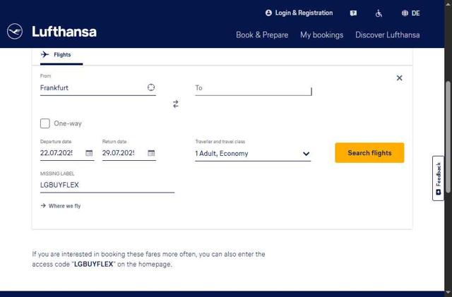 Lufthansa checkout page showing Lufthansa discount code box | Screenshot taken by SimplyCodes community member on Jul 21, 2025