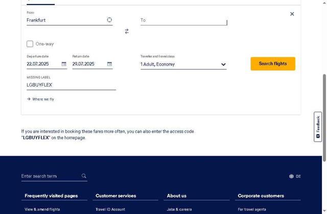 Lufthansa checkout page showing Lufthansa discount code box | Screenshot taken by SimplyCodes community member on Jul 21, 2025