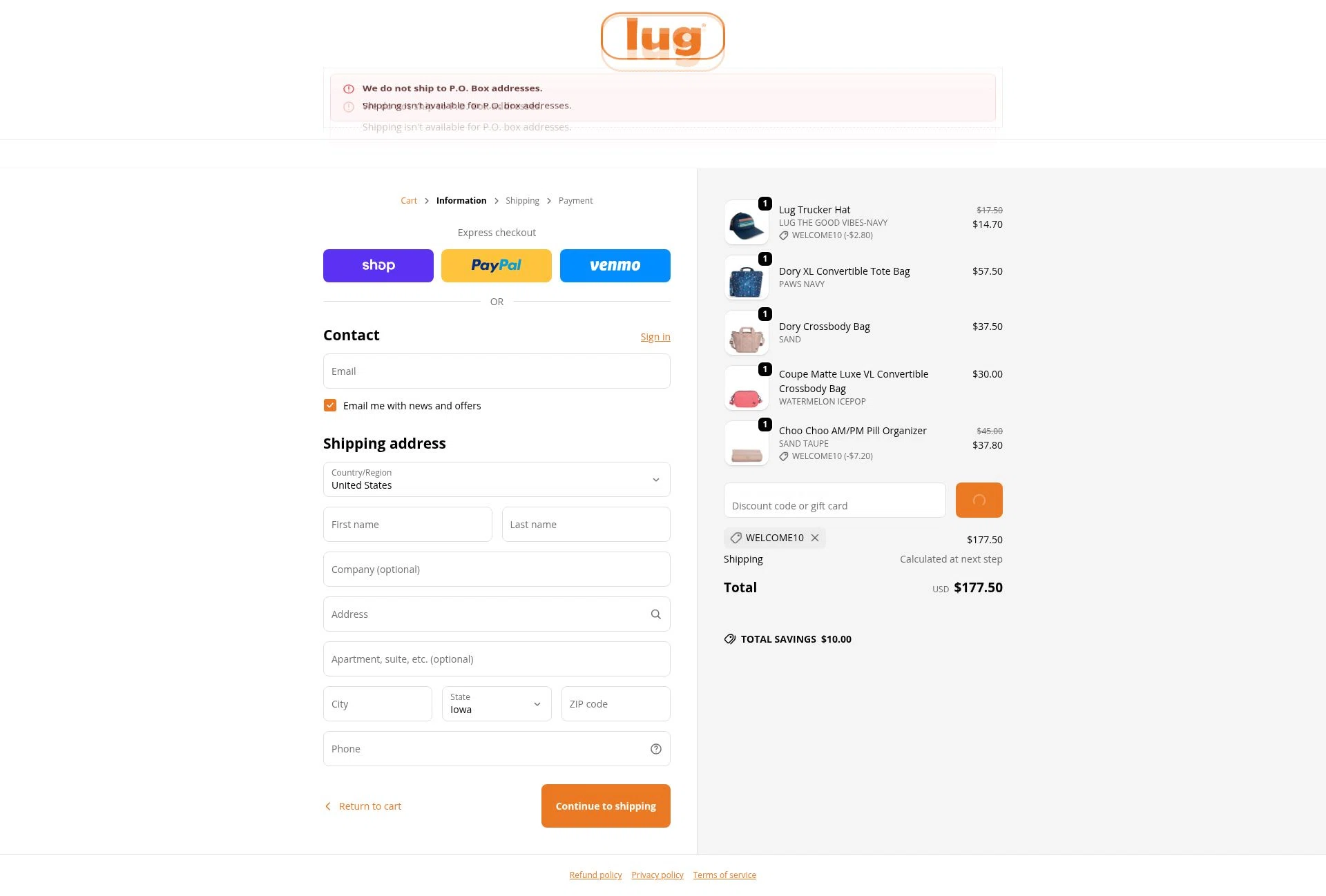 Lug checkout page showing Lug promo code box | Screenshot taken by SimplyCodes community member on Feb 6, 2026